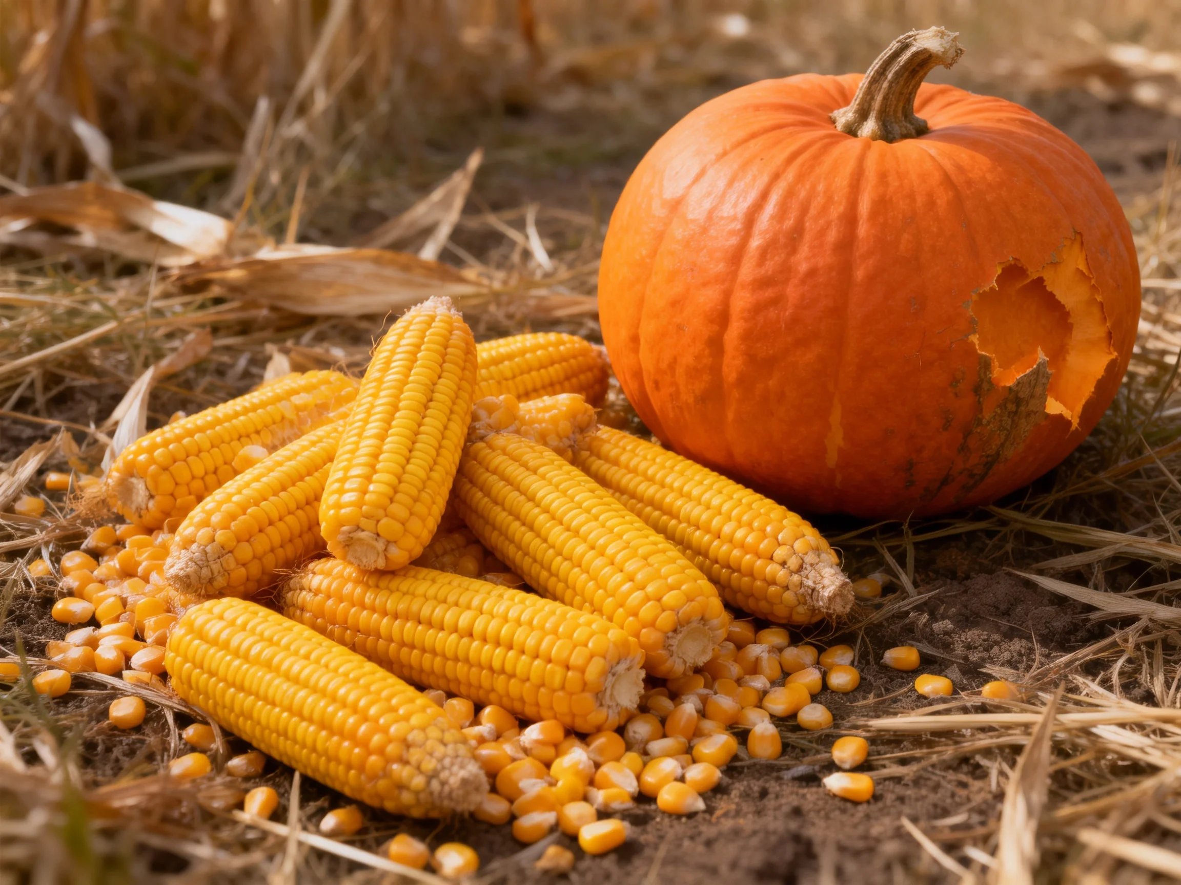 Fresh yellow corn cobs, scattered kernels, and an orange carved pumpkin on straw