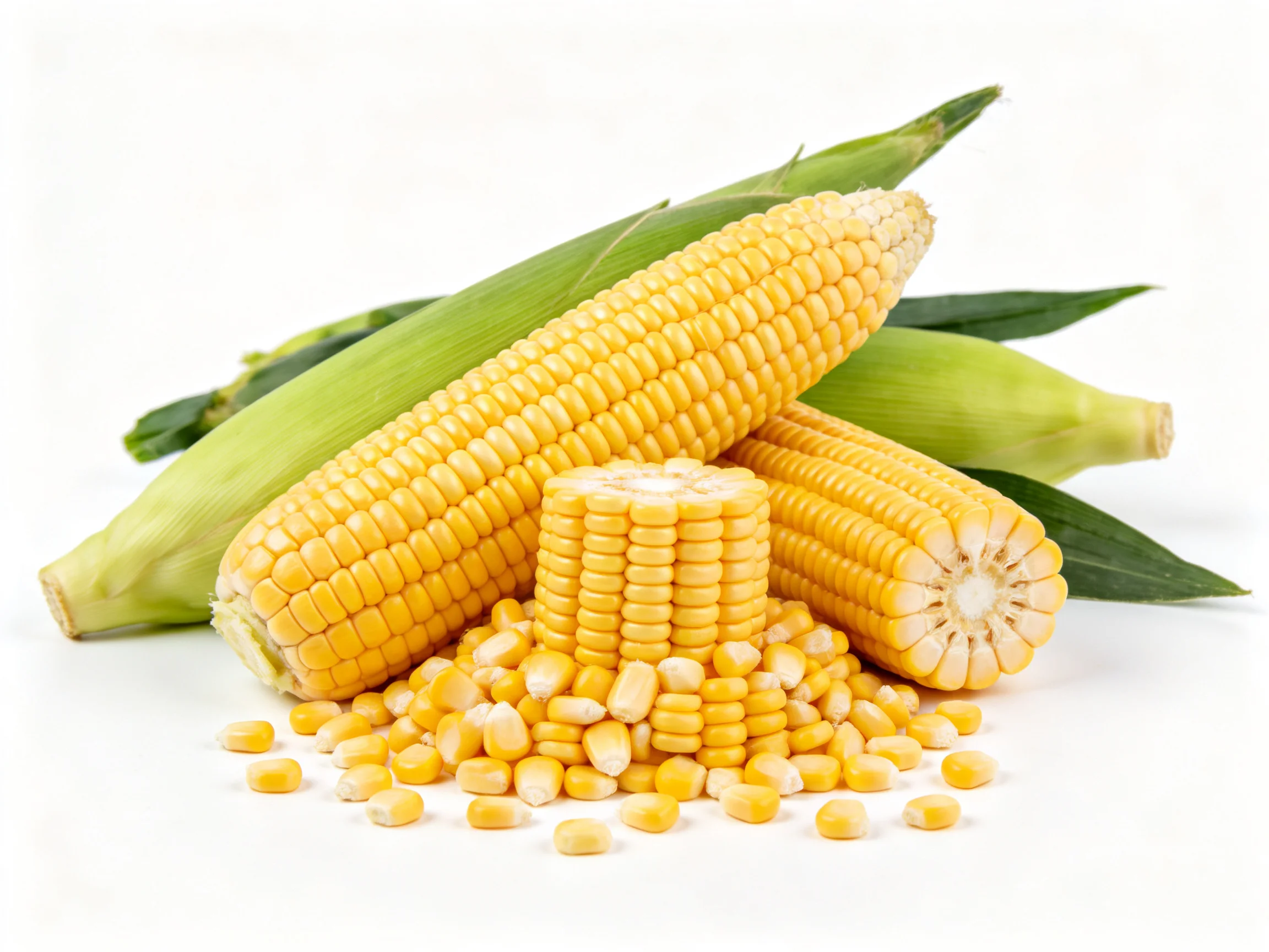 Fresh yellow corn cobs with scattered kernels and green husks