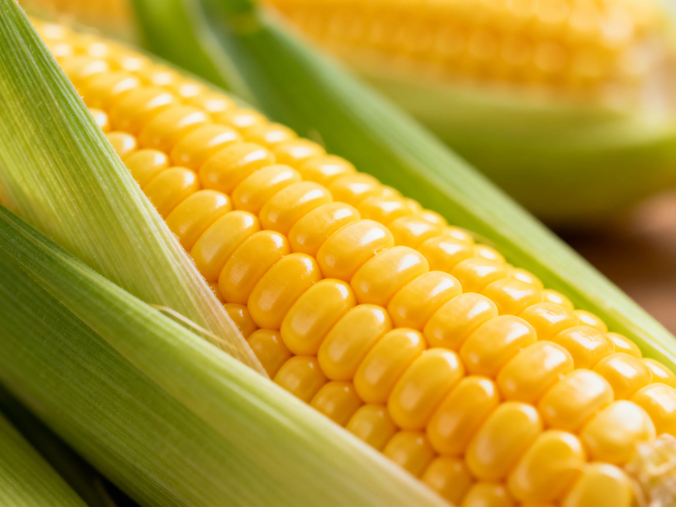 Fresh yellow corn cobs with vibrant green husks displayed closely