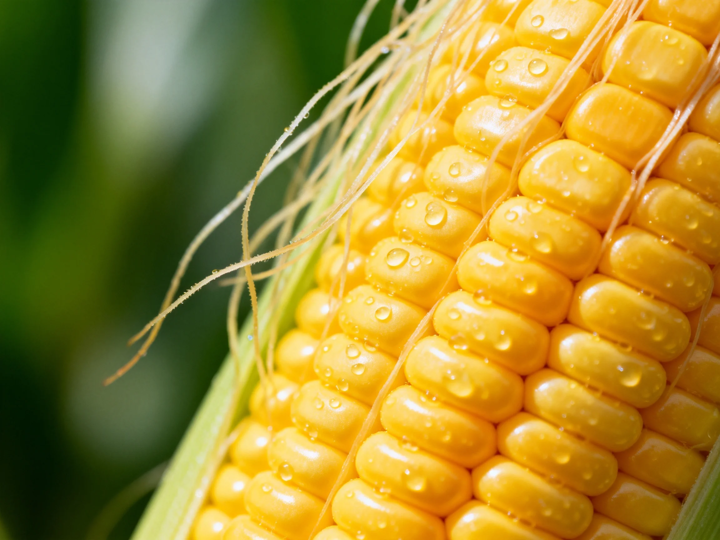 Fresh yellow corn on the cob with water droplets and corn silk
