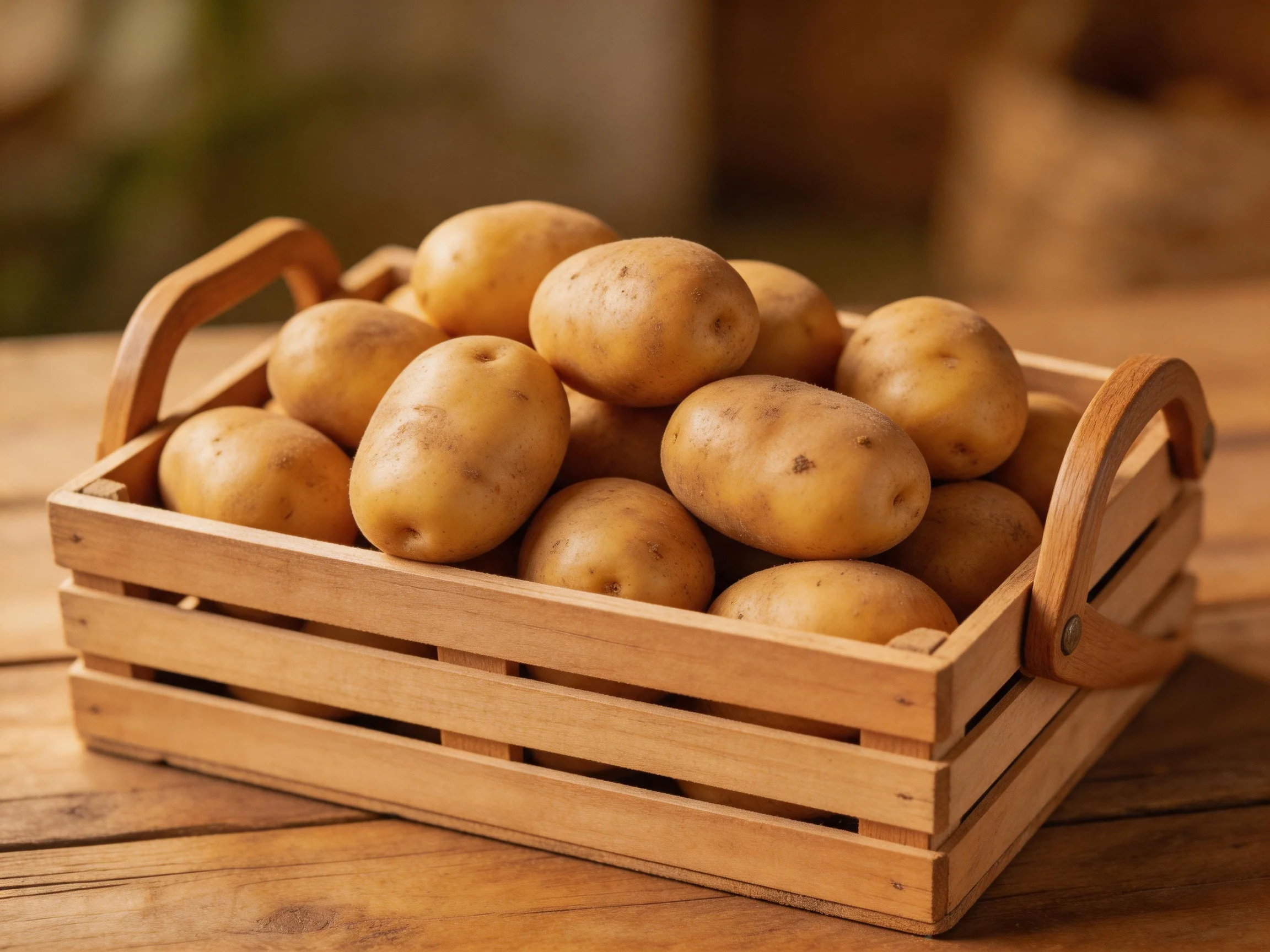 Fresh yellow potatoes arranged in a wooden crate on a wooden table