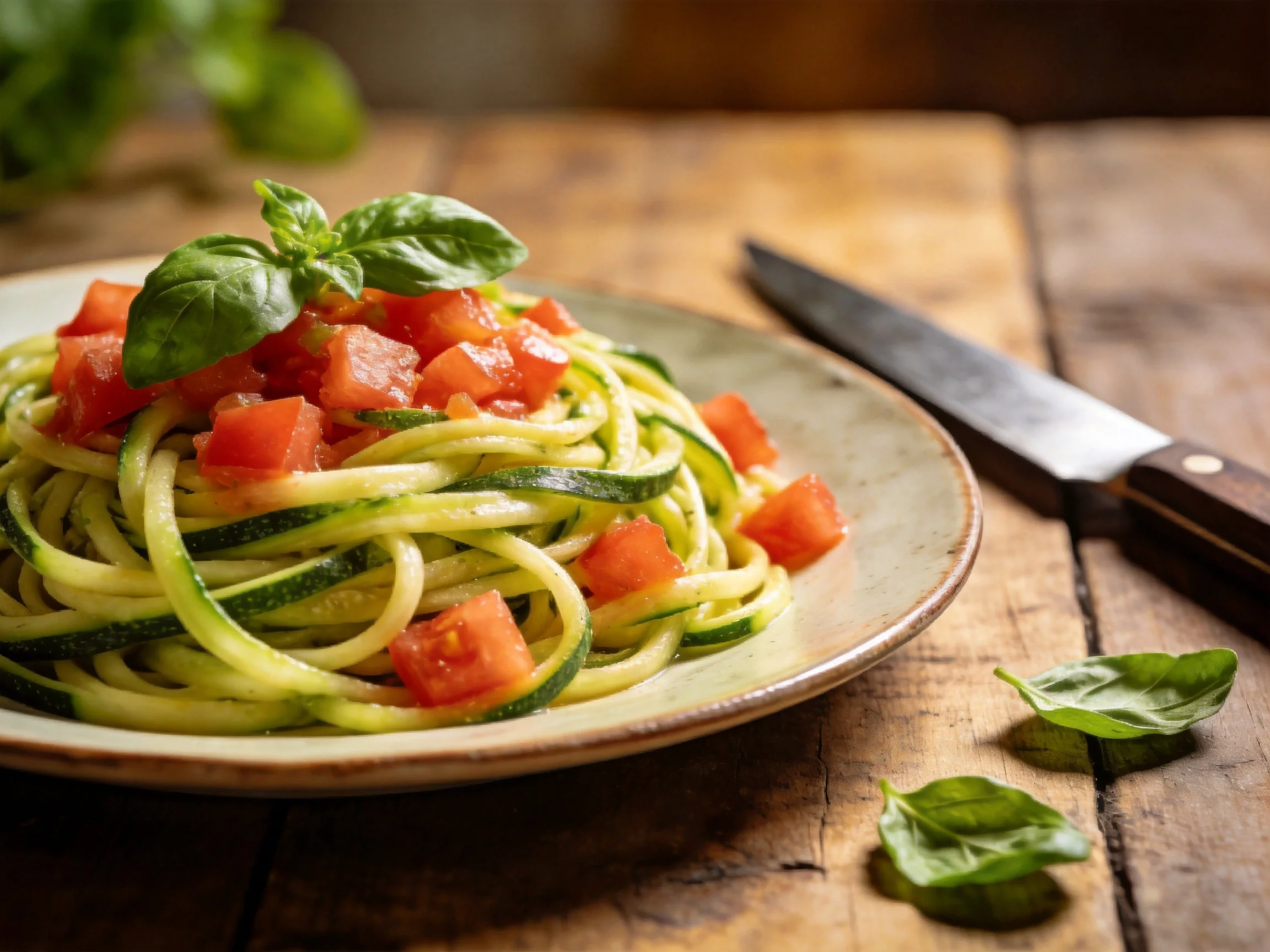 Fresh zucchini pasta with tomato topping and basil on rustic wooden table