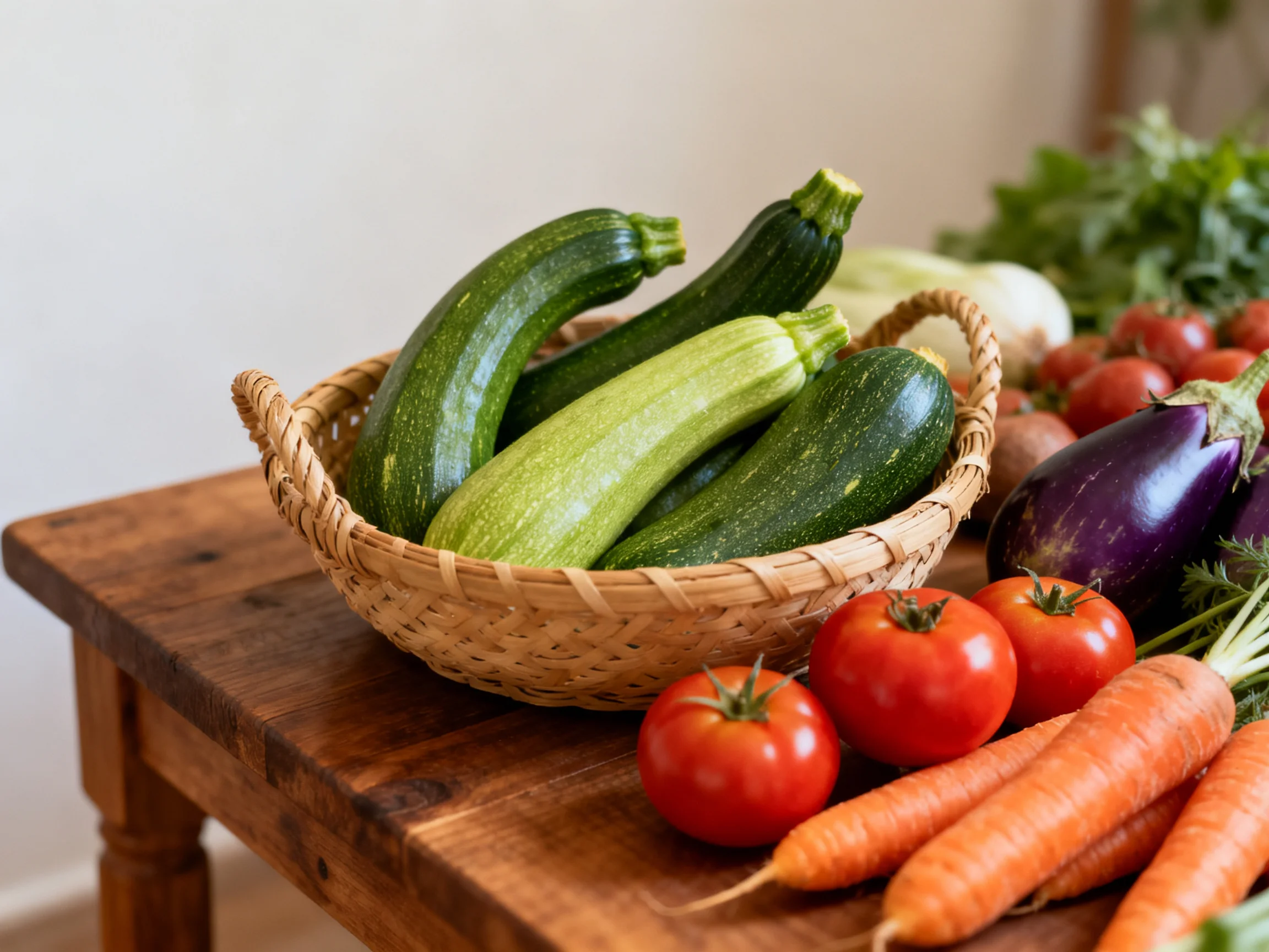 Fresh zucchinis, tomatoes, carrots, and eggplant arranged on a rustic wooden table