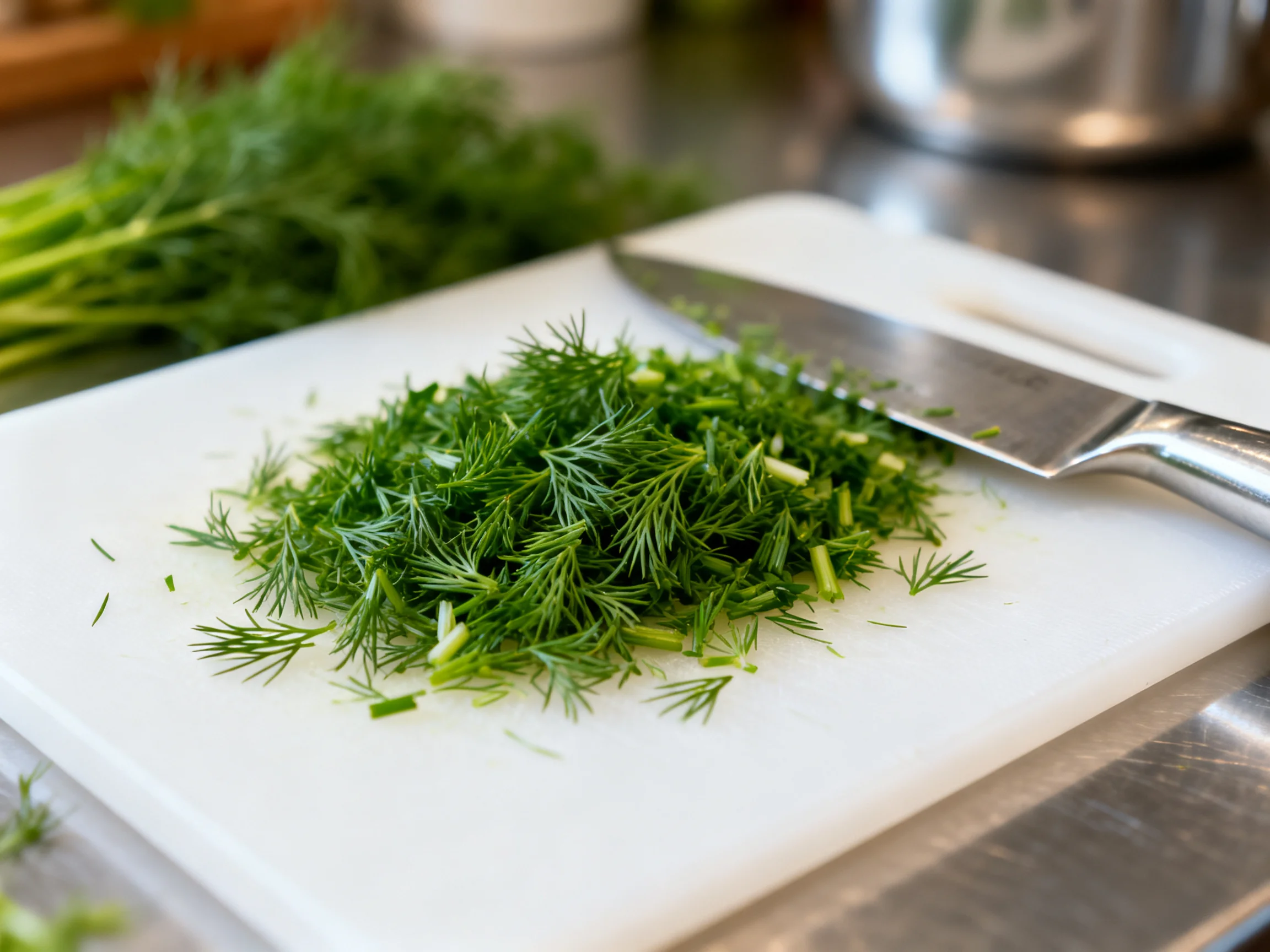 Freshly Chopped Green Herbs on White Cutting Board with Chefs Knife