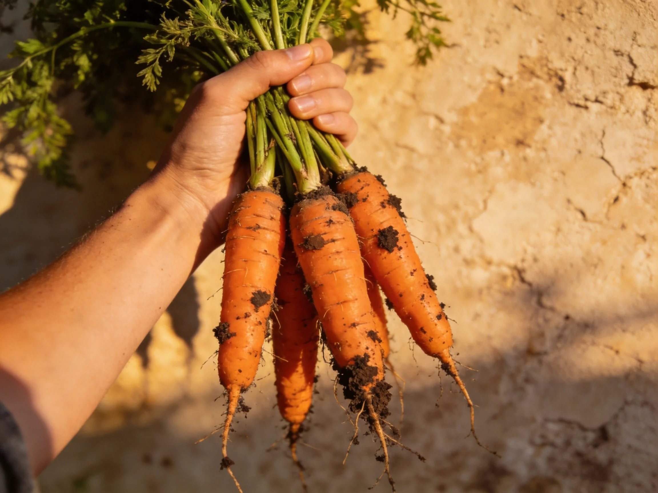 Freshly Harvested Dirt-Covered Carrots Held Against a Cracked Wall