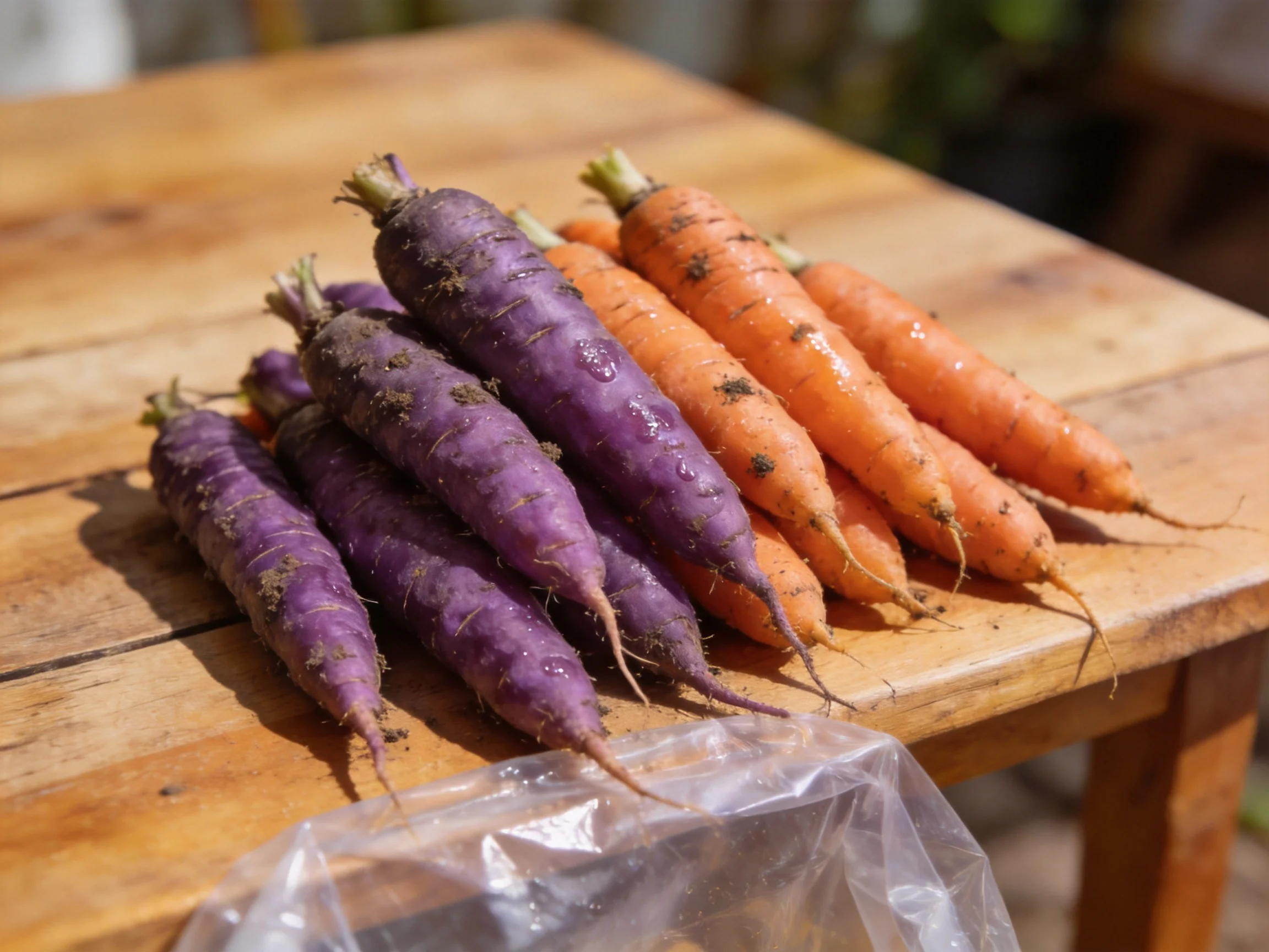 Freshly Harvested Purple and Orange Carrots on a Wooden Table