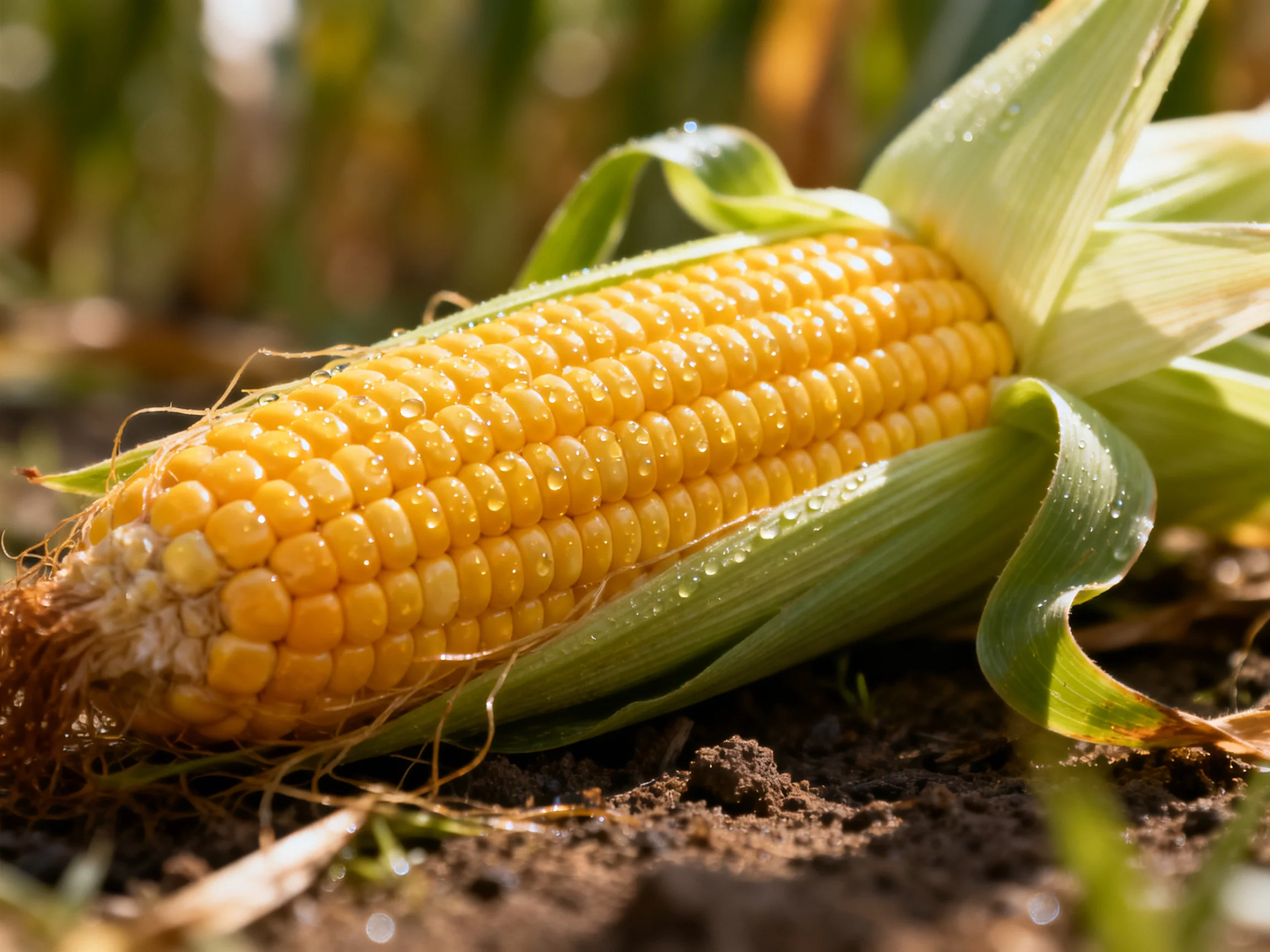 Freshly Harvested Yellow Corn with Dew Drops on Partially Opened Green Husk