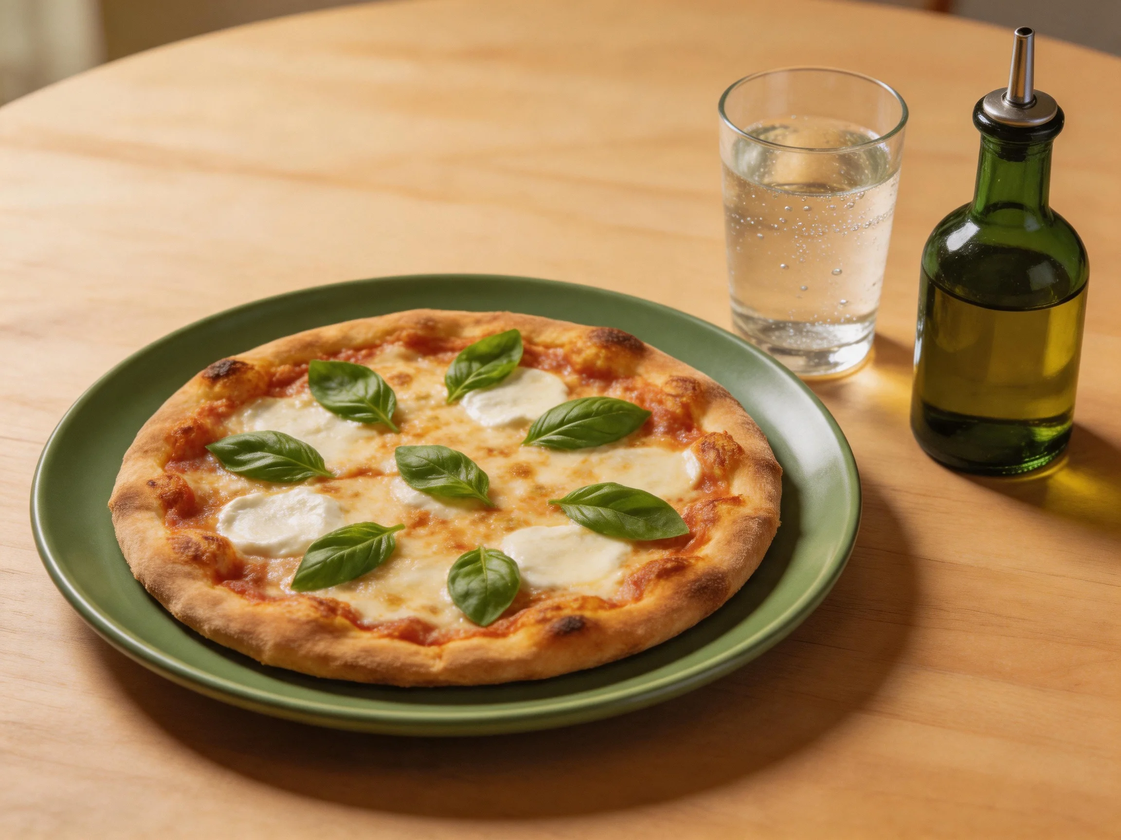 A freshly baked cheese and basil pizza sits on a green plate next to a glass of water and olive oil bottle.