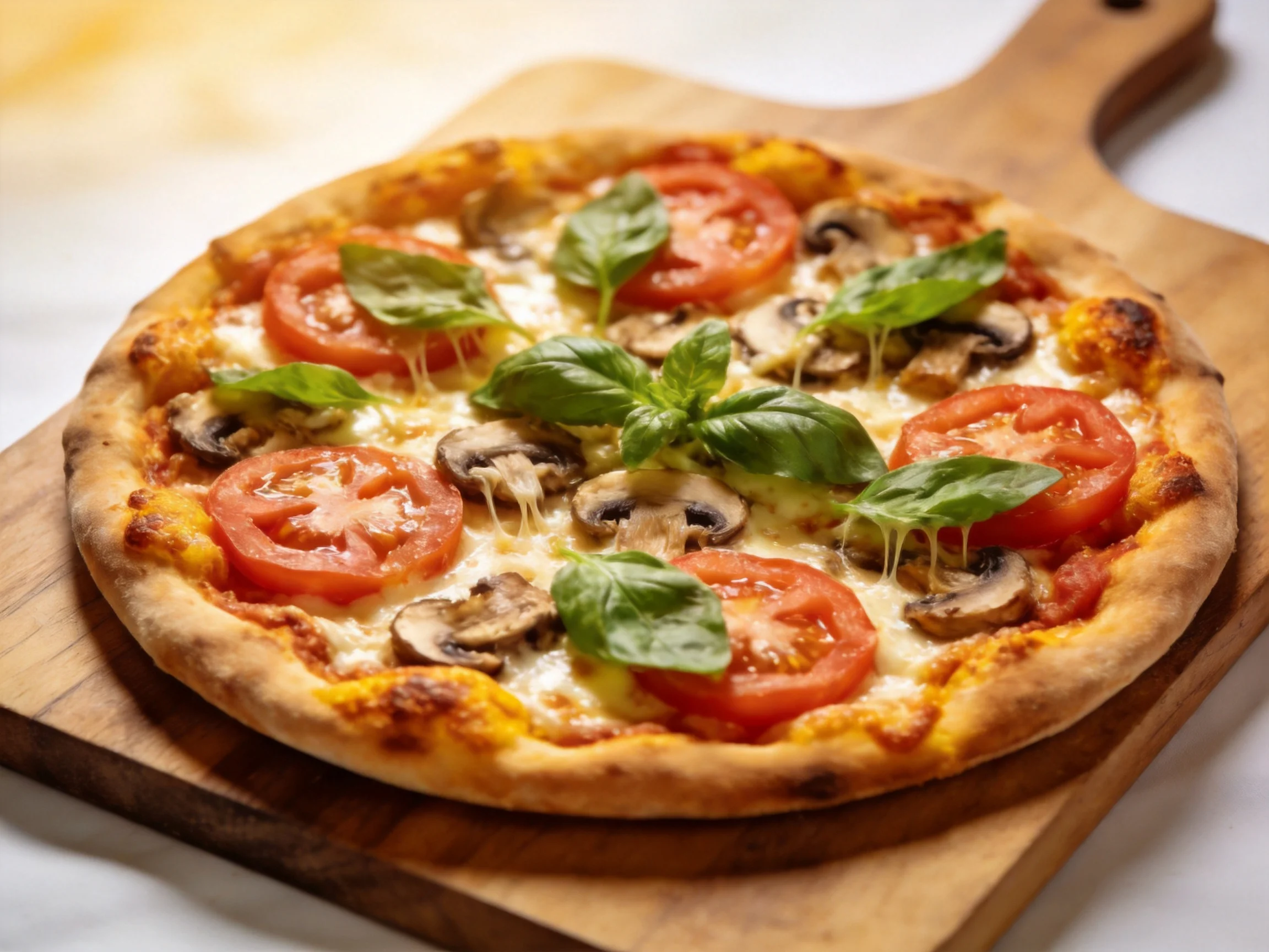 Freshly baked cheese pizza with tomato, mushroom, and basil toppings on wooden board