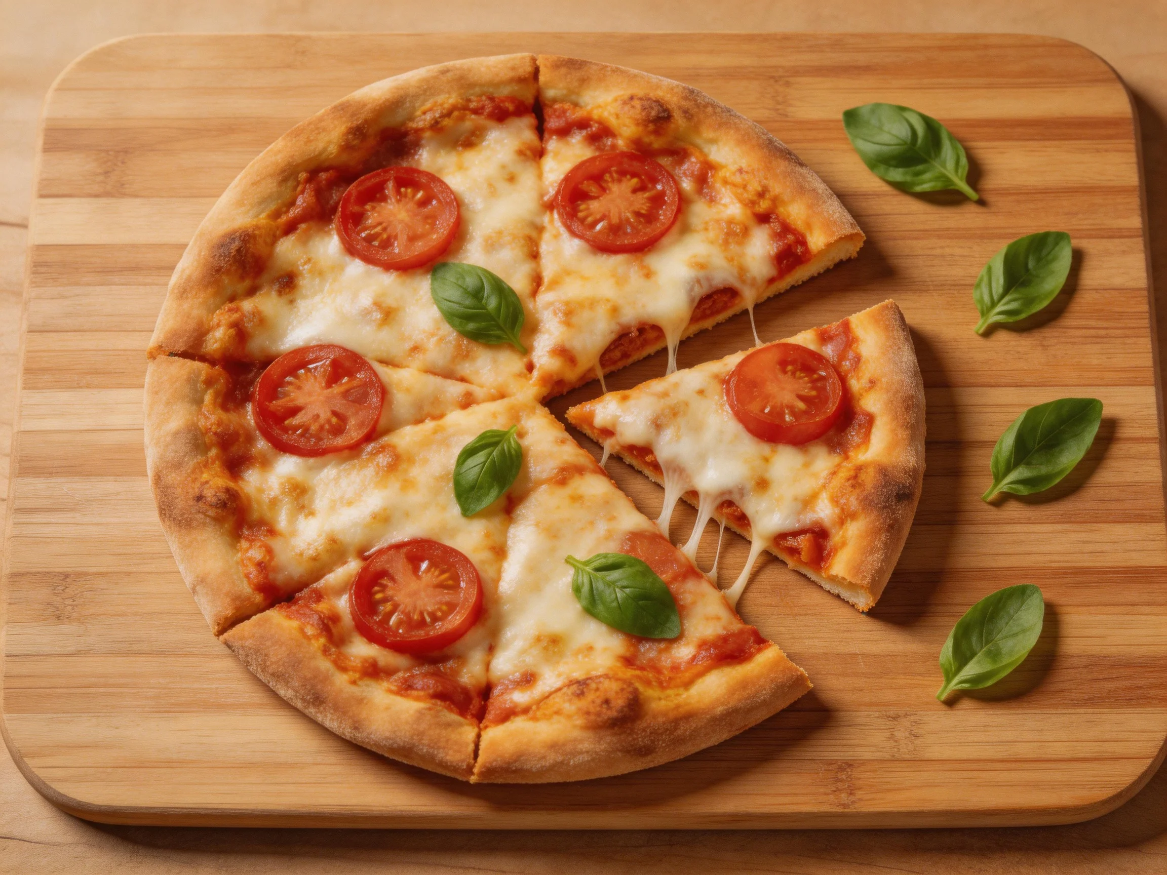 A freshly prepared cheese and tomato pizza with one slice removed is placed on a wooden board.