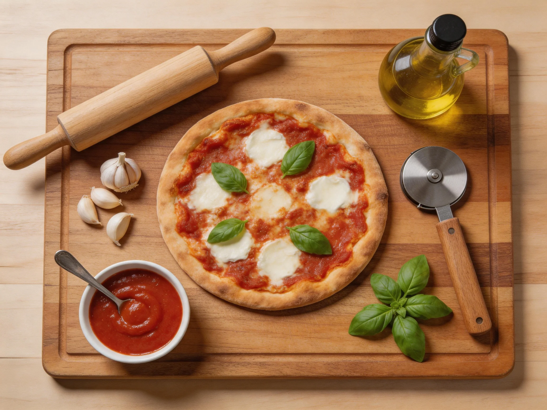 Freshly baked mozzarella pizza with cooking tools and ingredients on a wooden cutting board