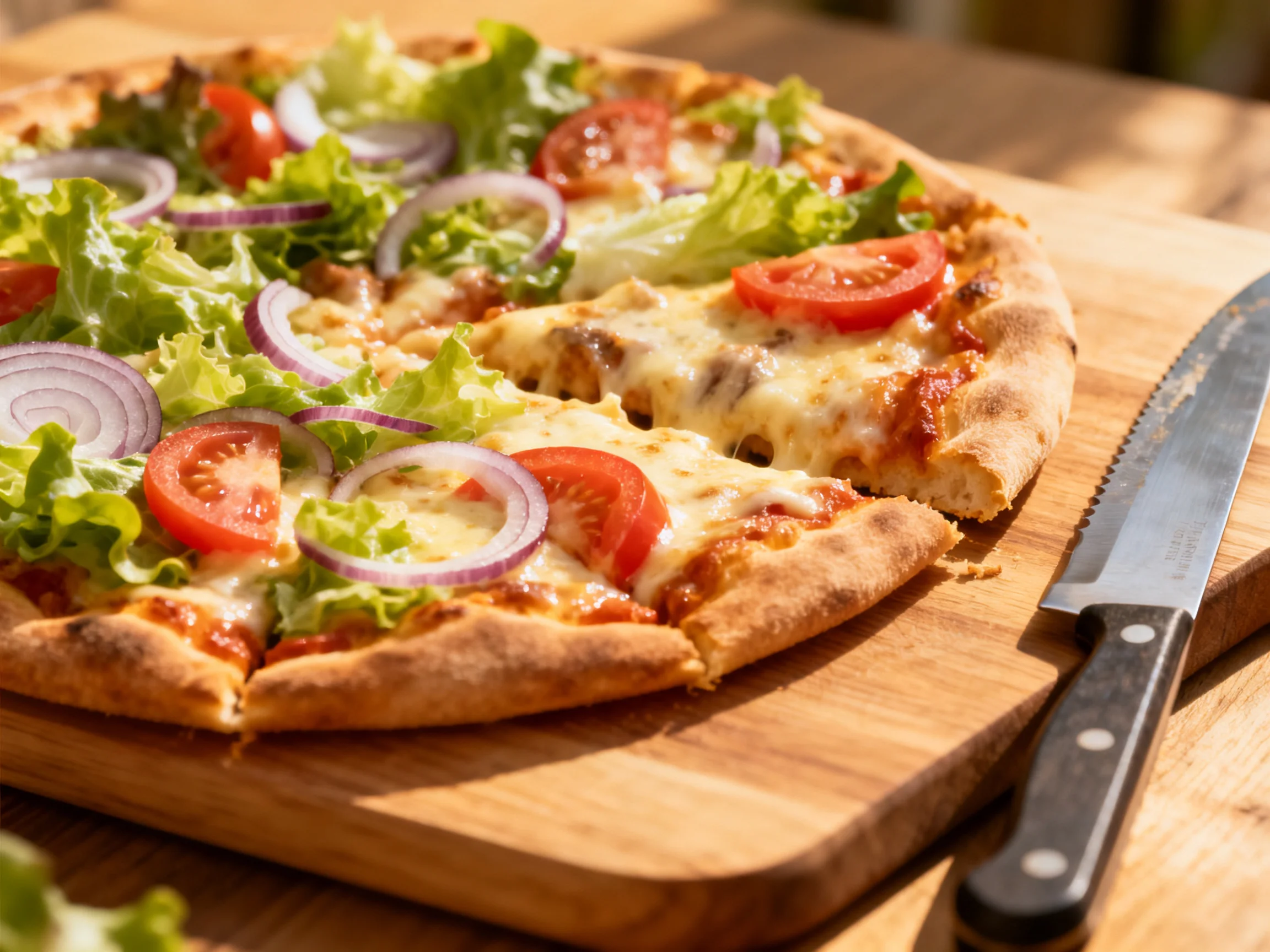Freshly baked veggie pizza with lettuce, tomato, onion on wooden board
