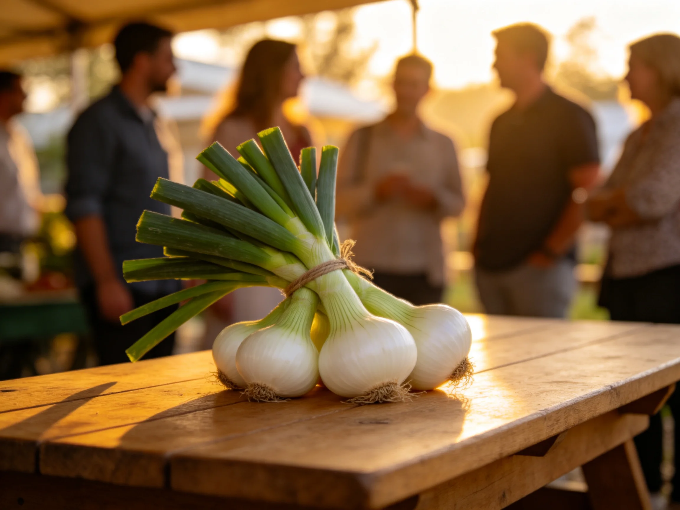 Freshly bundled white onions on wooden table during outdoor gathering