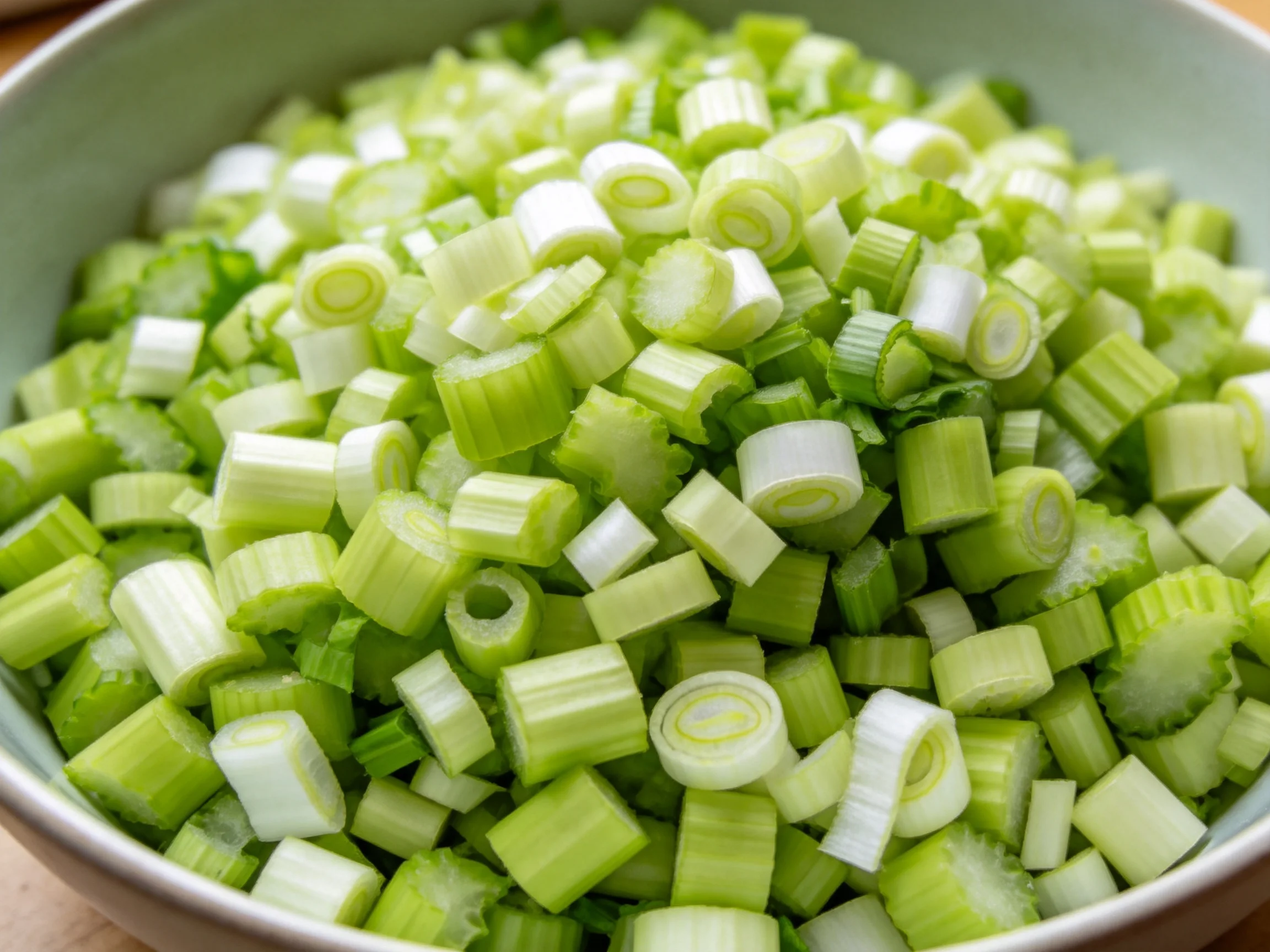 Freshly chopped green onion pieces filling a ceramic bowl