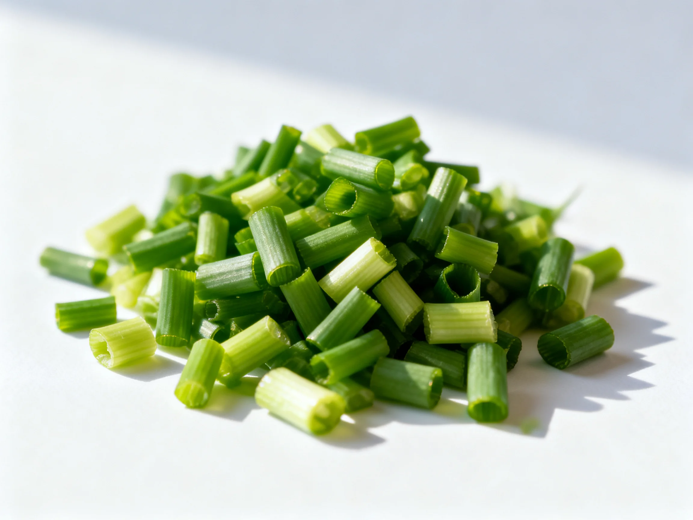 Freshly chopped green scallion pieces piled on a bright white surface