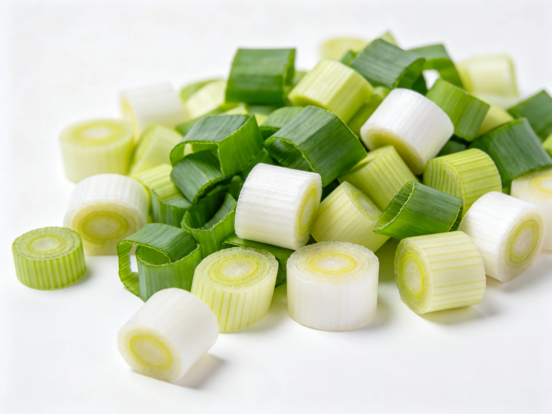 Freshly chopped scallion slices with white and green segments scattered on a plain surface