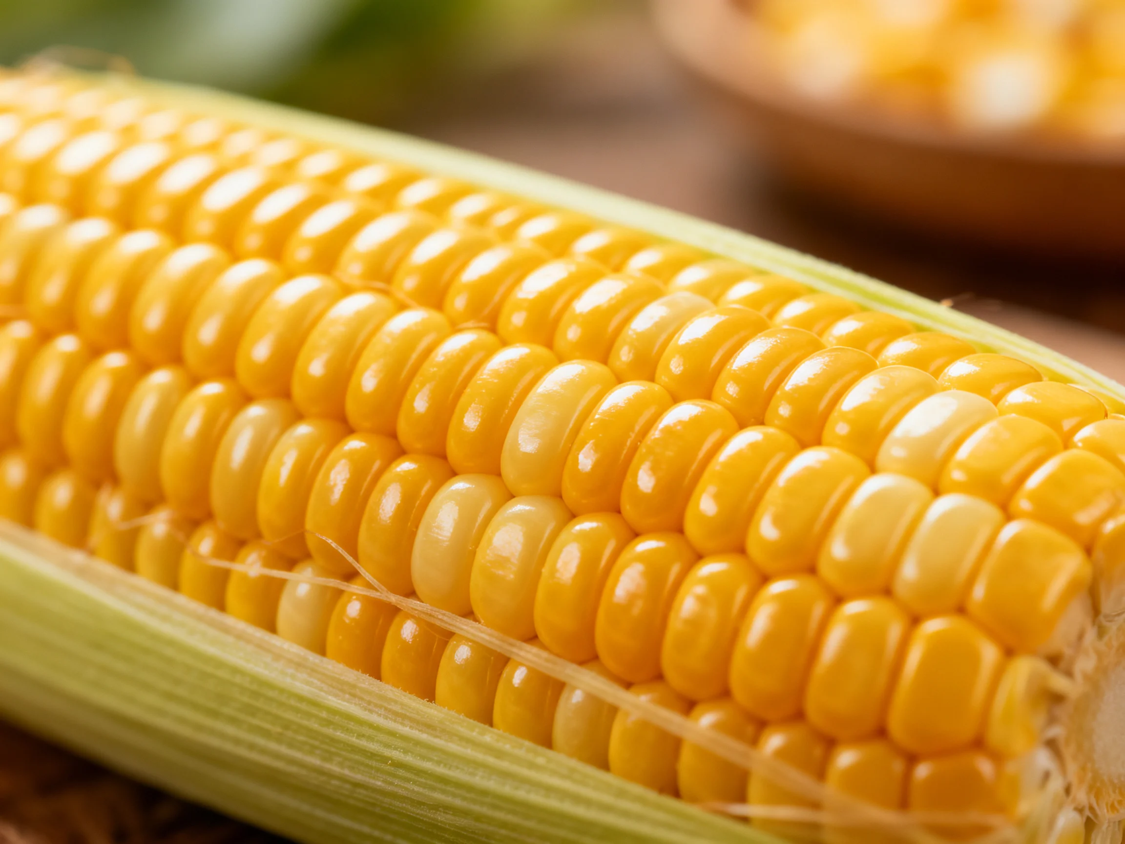 Freshly cooked corn on the cob with glossy golden-yellow kernels