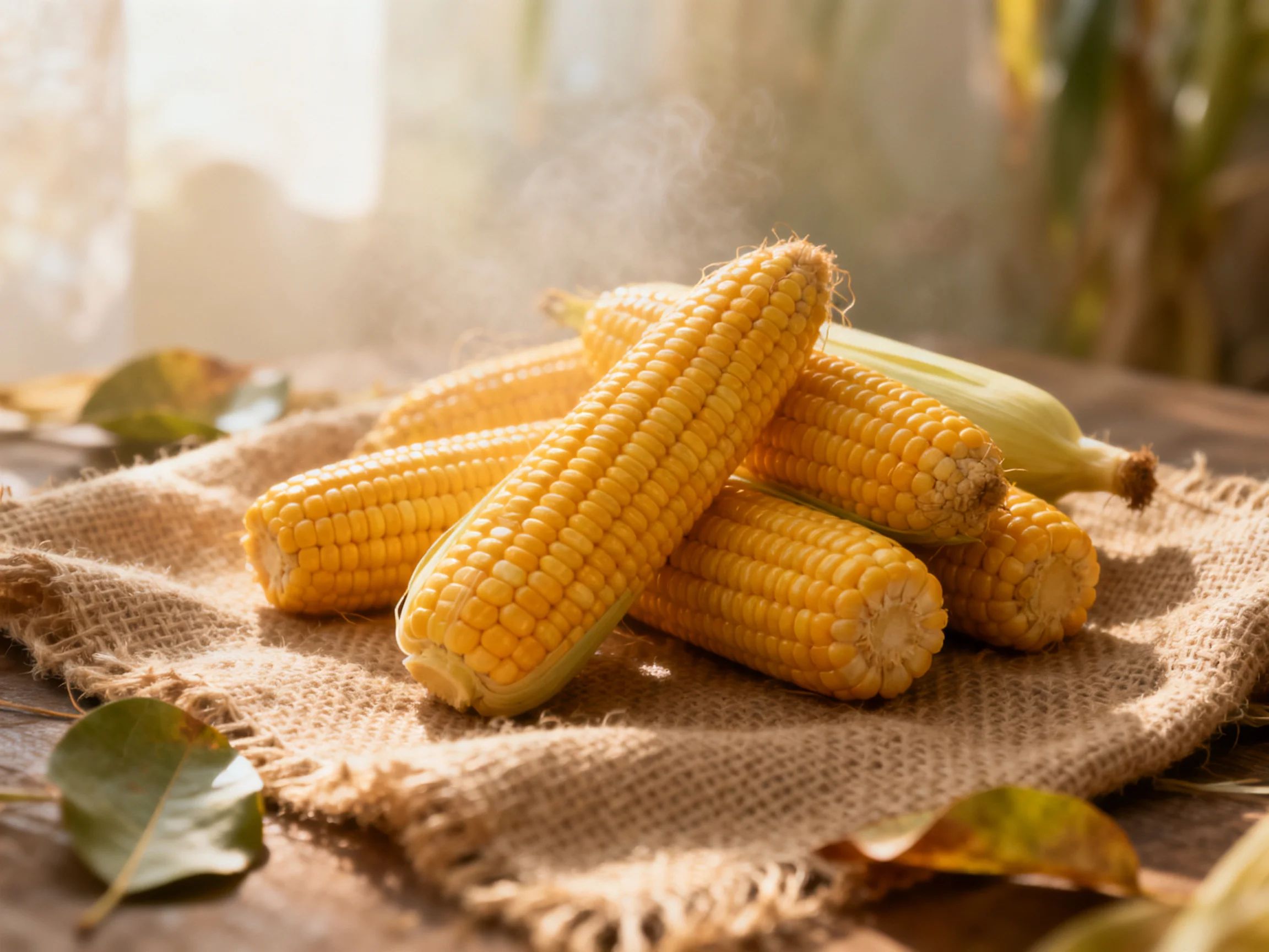 Freshly cooked golden corn cobs arranged on a burlap cloth with scattered leaves