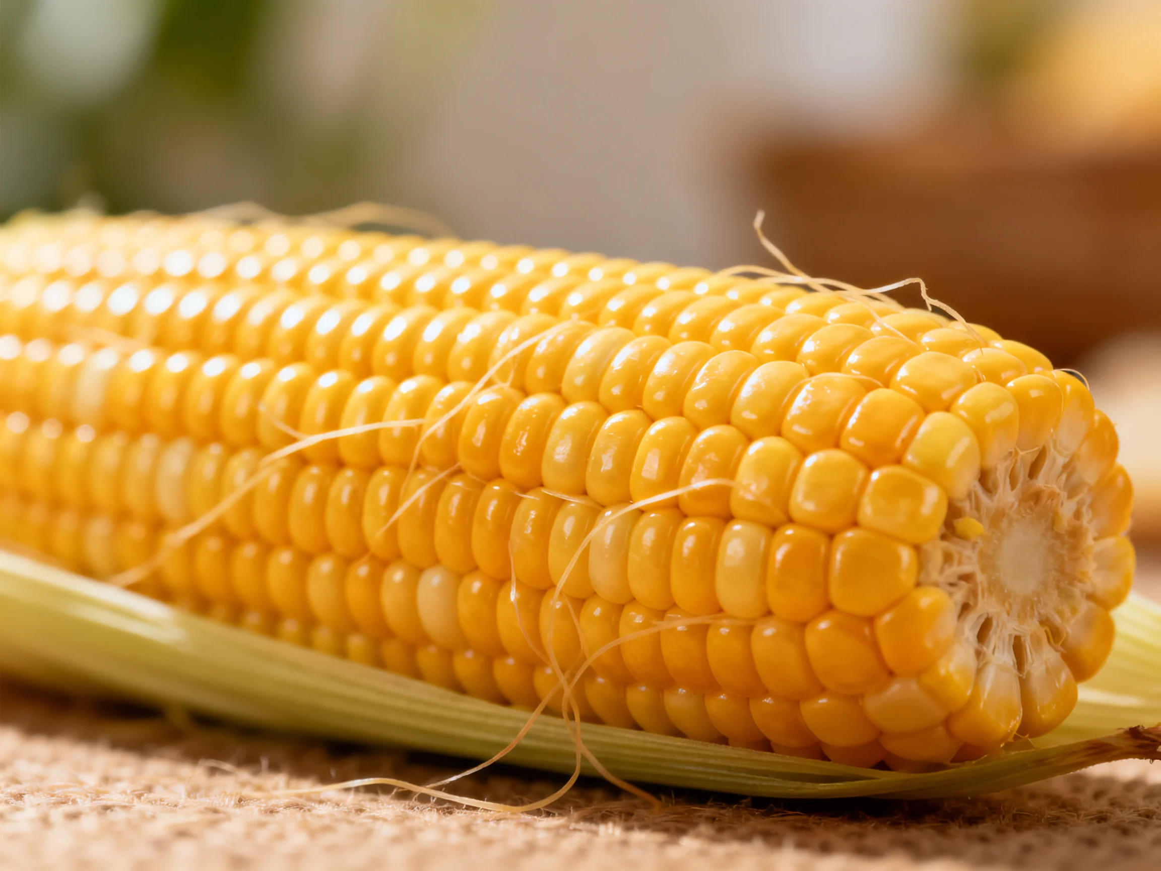 Freshly cooked golden corn ear resting on a textured surface