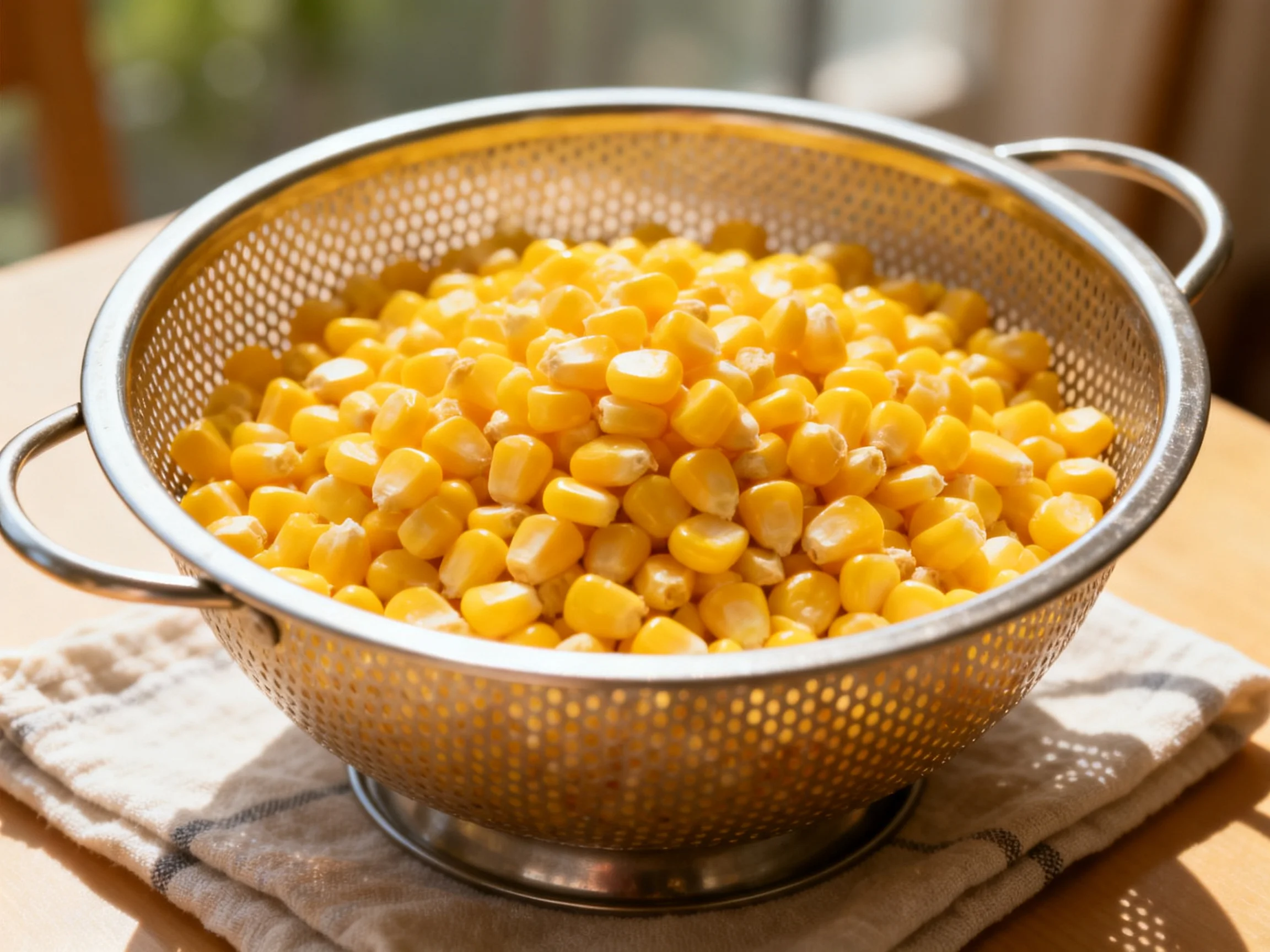 Freshly cooked yellow corn kernels in a perforated metal colander
