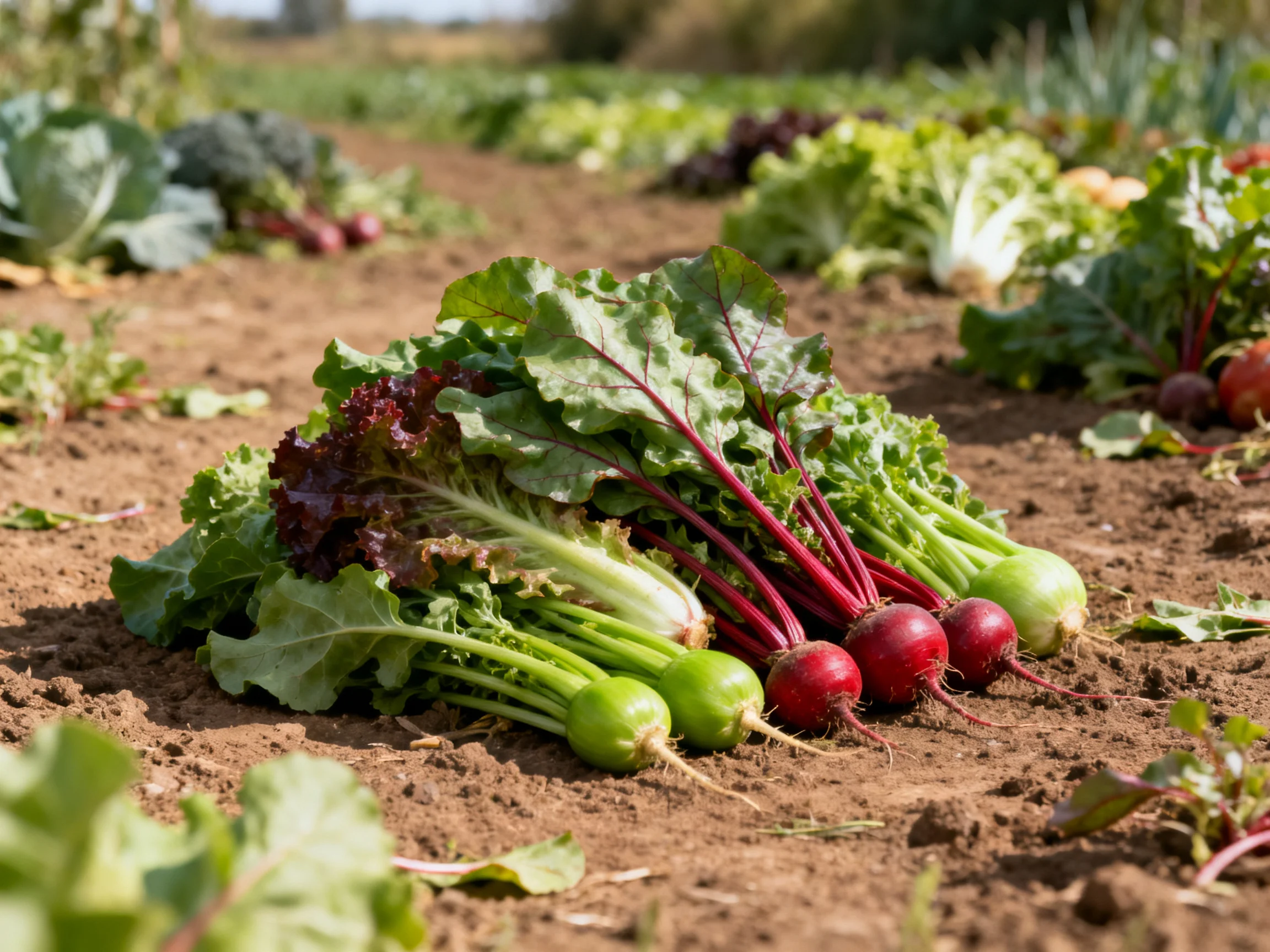 Freshly harvested beets and leafy greens arranged on fertile farm soil