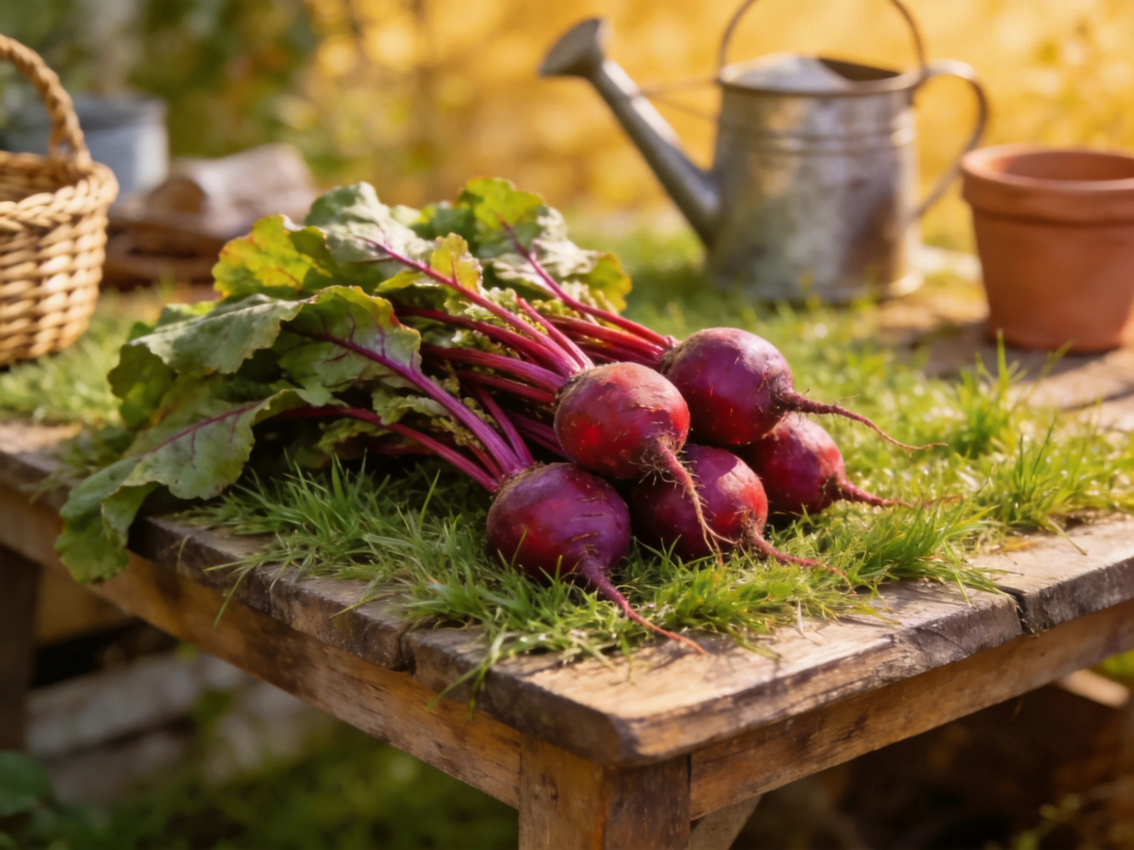 Freshly harvested beets rest on a weathered wooden table with gardening tools