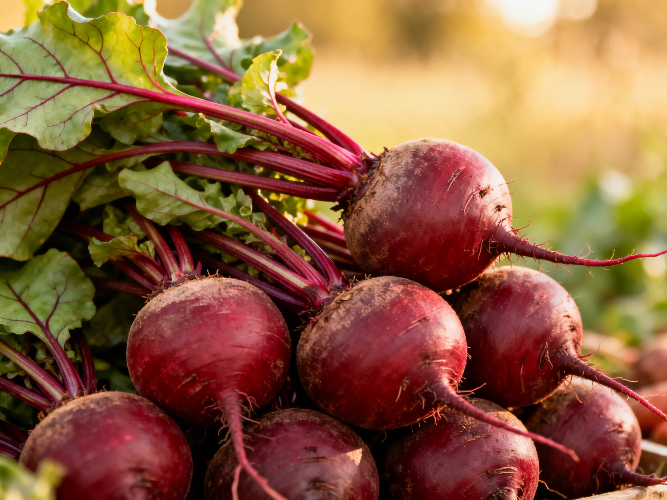 Freshly harvested beets with vibrant green leaves and deep red roots