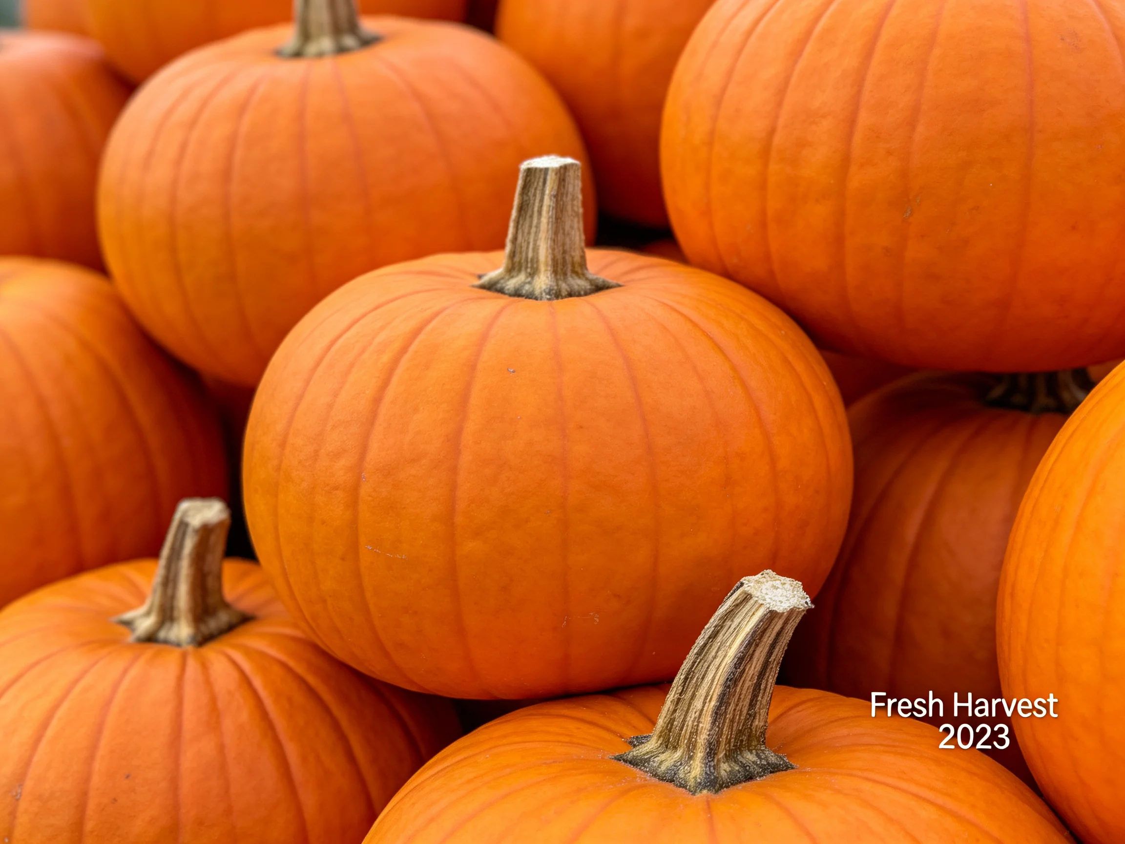 Freshly harvested bright orange pumpkins are stacked densely for harvest display