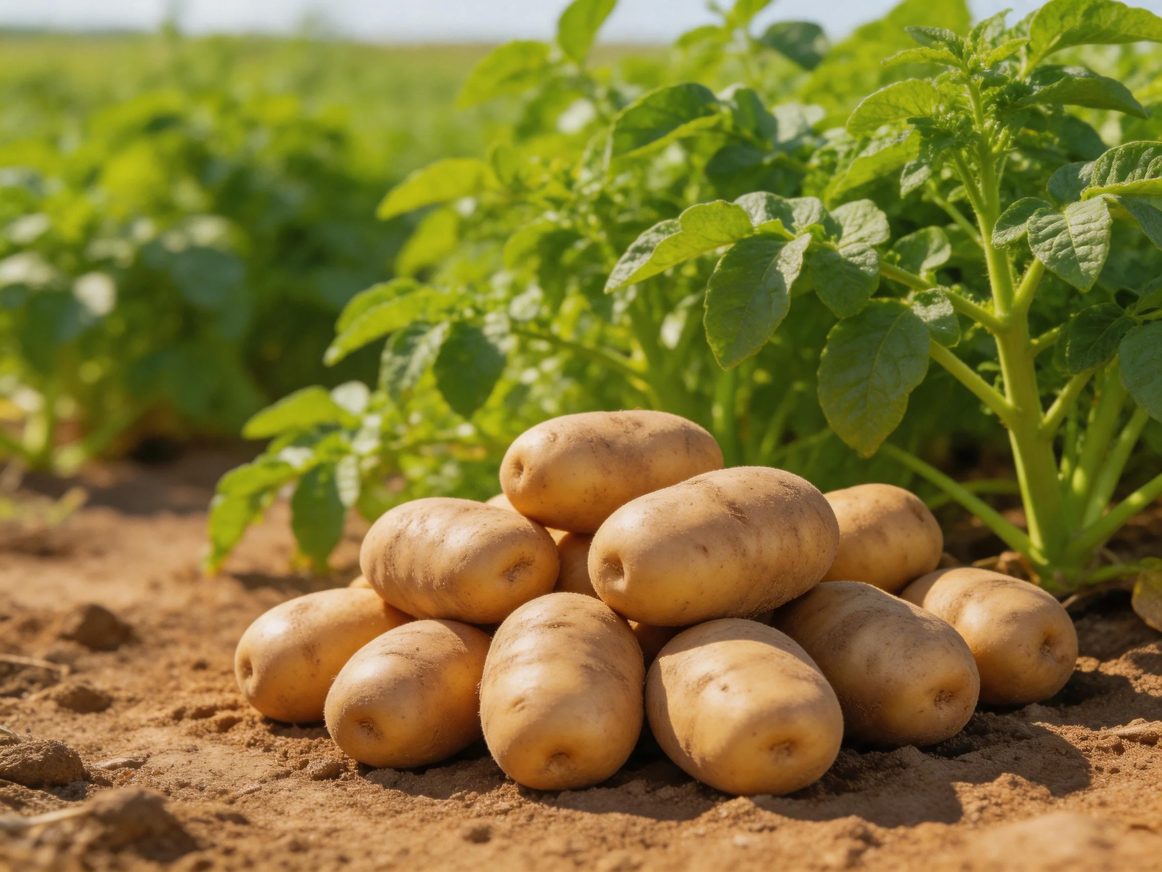 Freshly harvested brown potatoes stacked near lush green potato plants