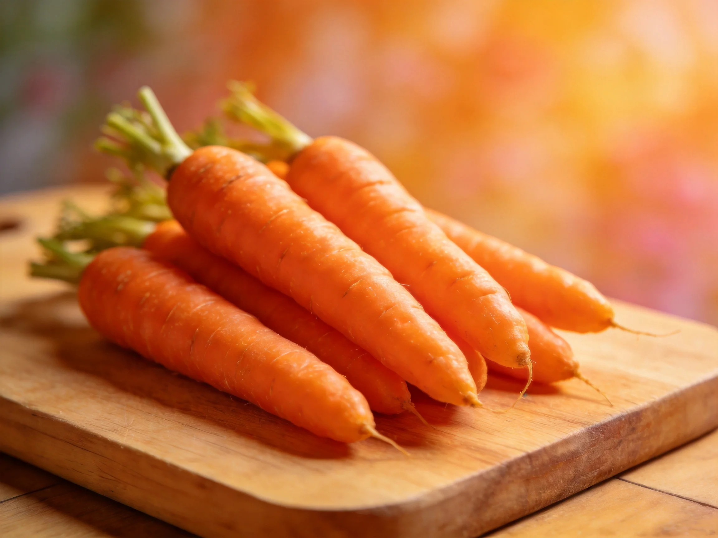 Freshly harvested carrots arranged on a wooden cutting board with vibrant lighting