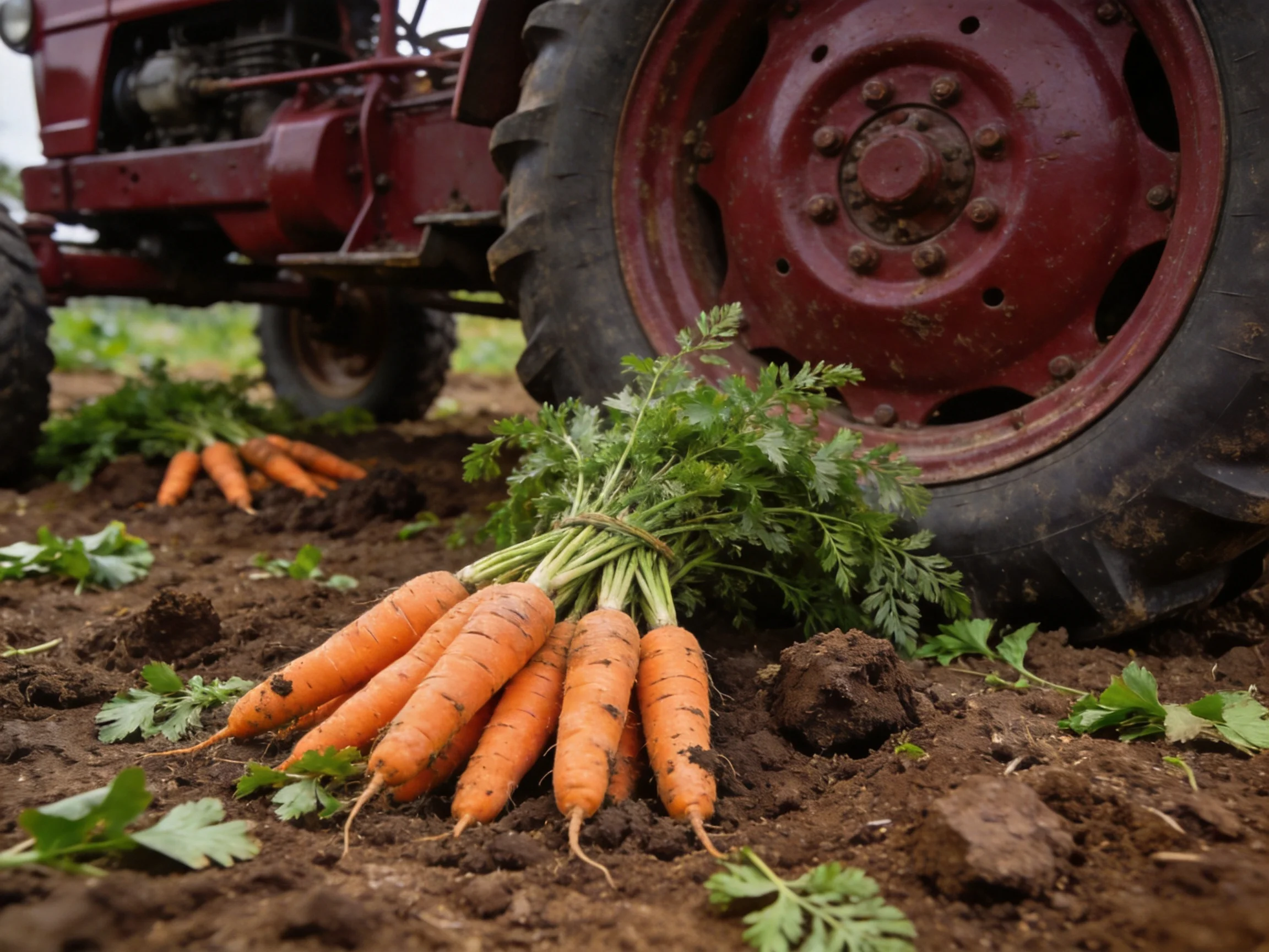 Freshly harvested carrots near a large tractor tire in fertile soil