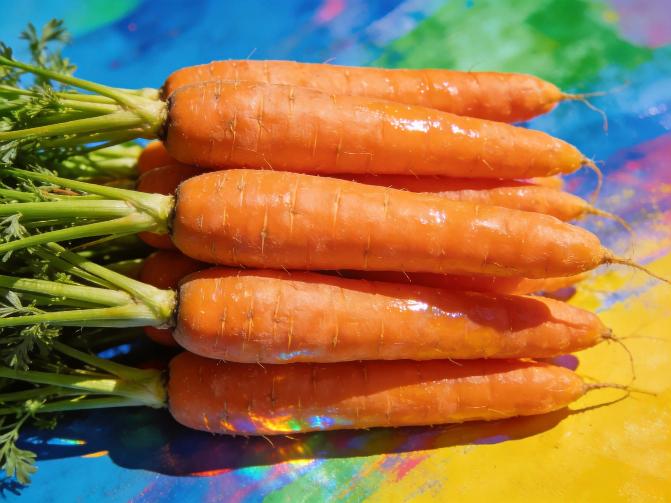Freshly harvested carrots stacked on a vibrant, multicolored surface