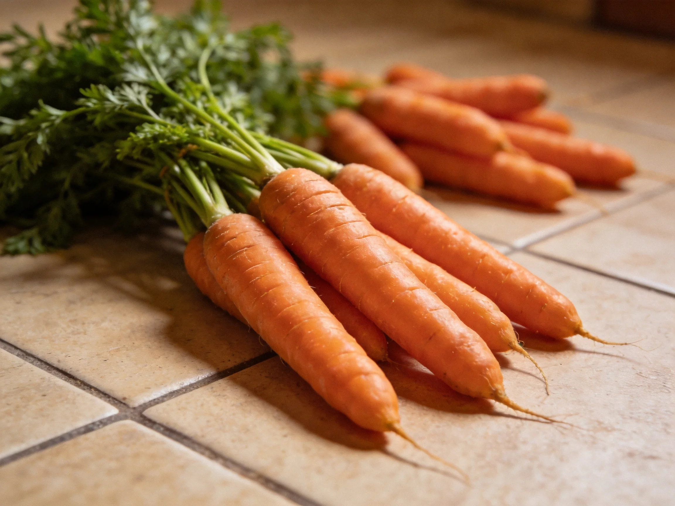 Freshly harvested carrots with green tops arranged on a tiled kitchen surface