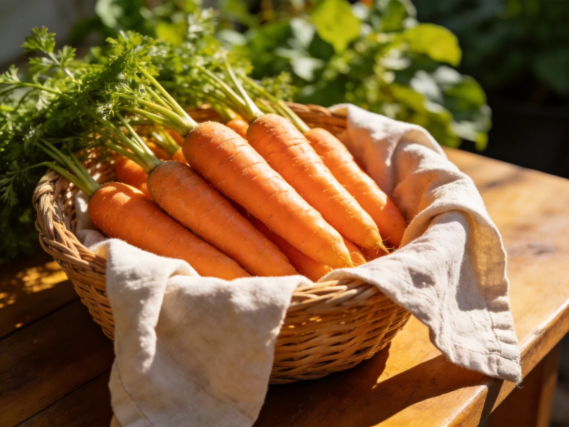 Freshly harvested carrots with green tops in a wicker basket