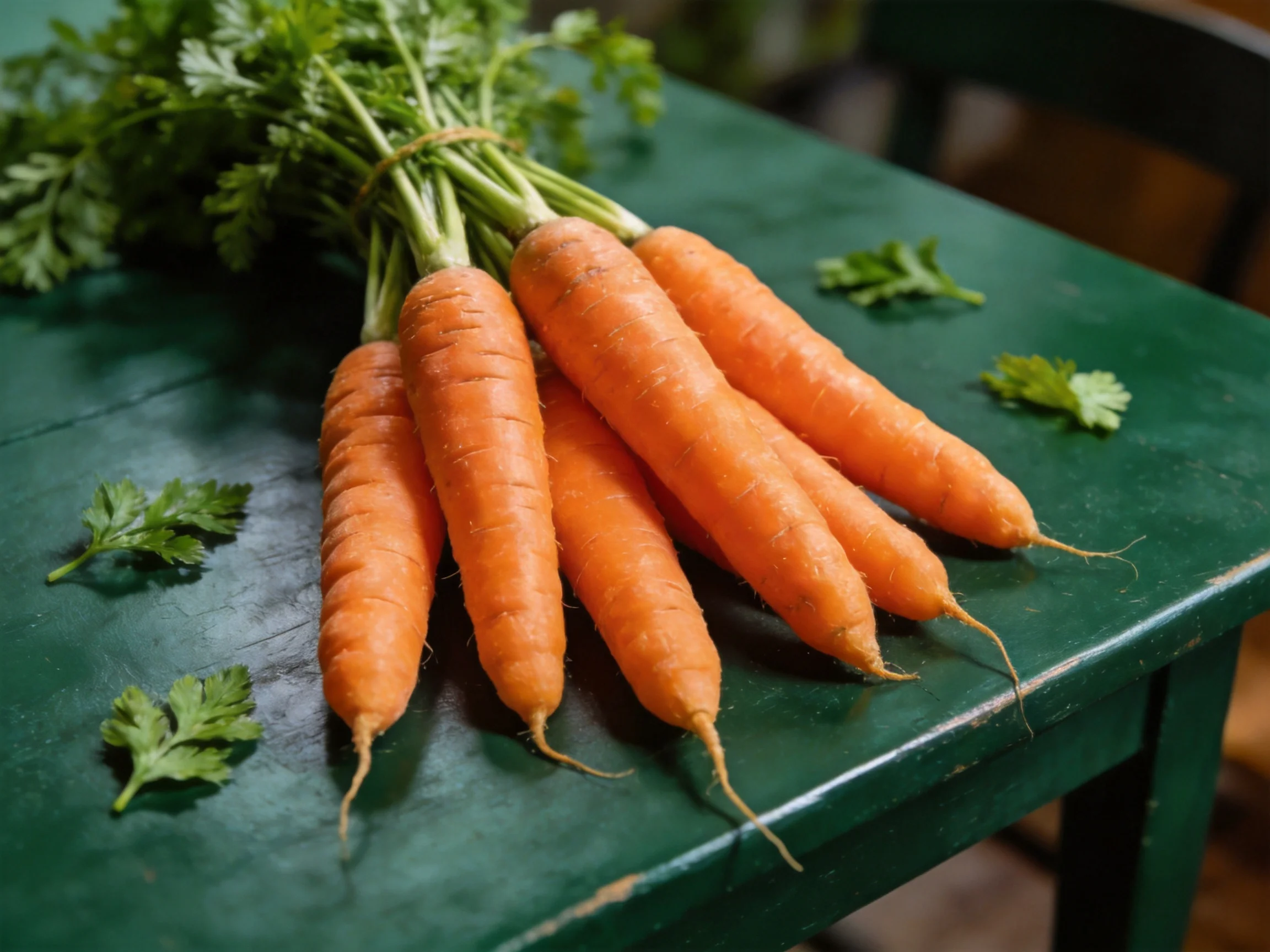 Freshly harvested carrots with green tops on a dark green wooden table