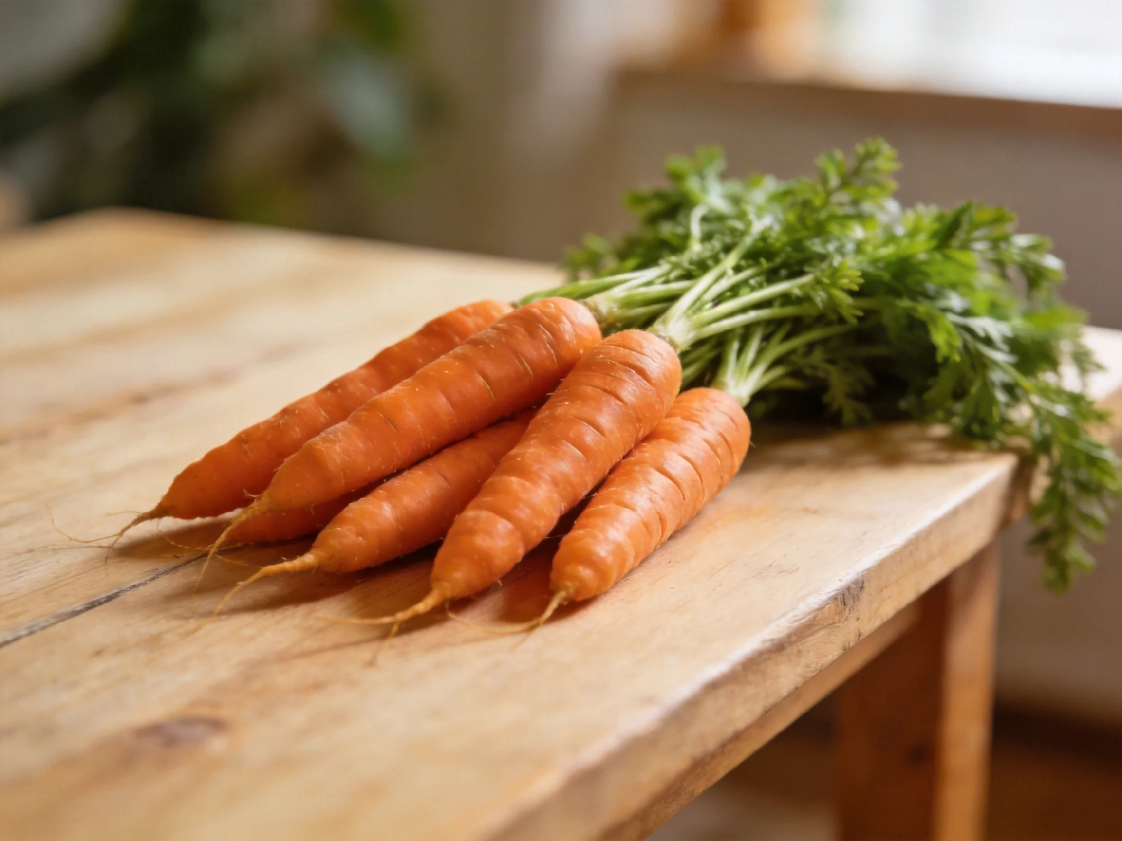 Freshly harvested carrots with green tops on a rustic wooden table