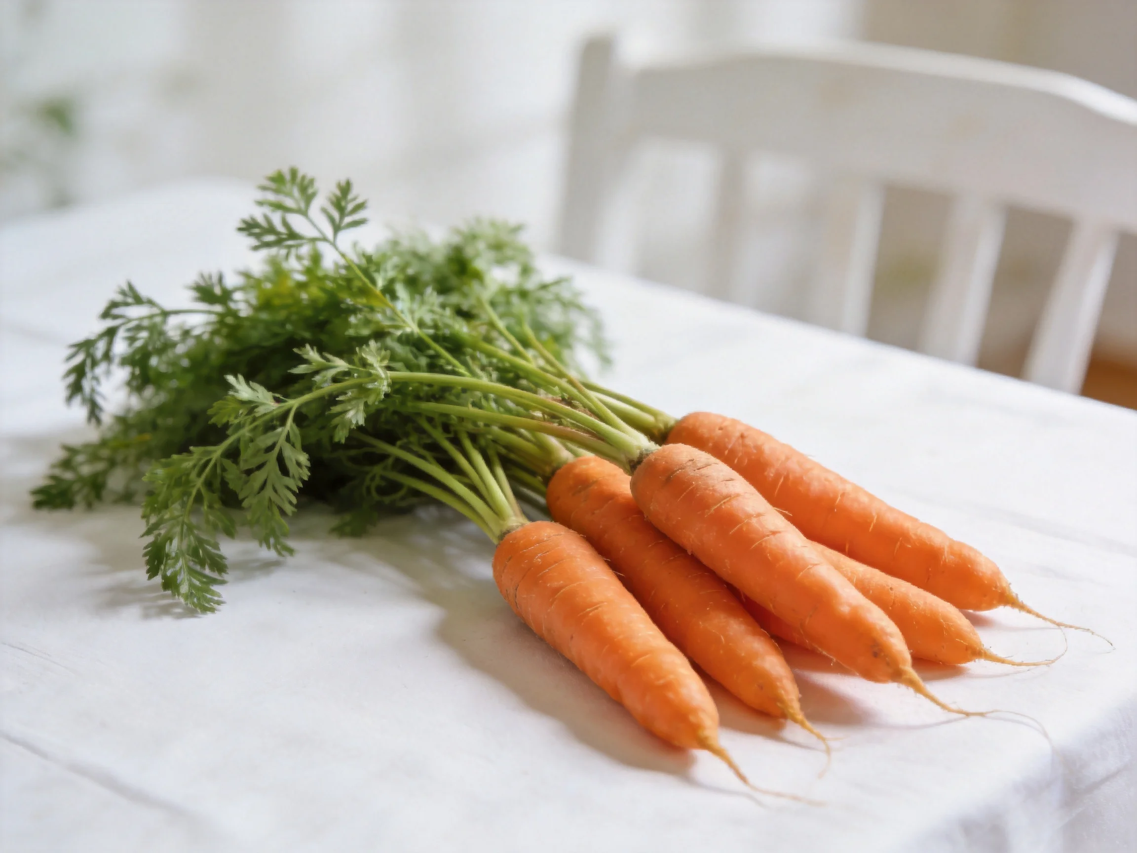 Freshly harvested carrots with green tops on a white tablecloth