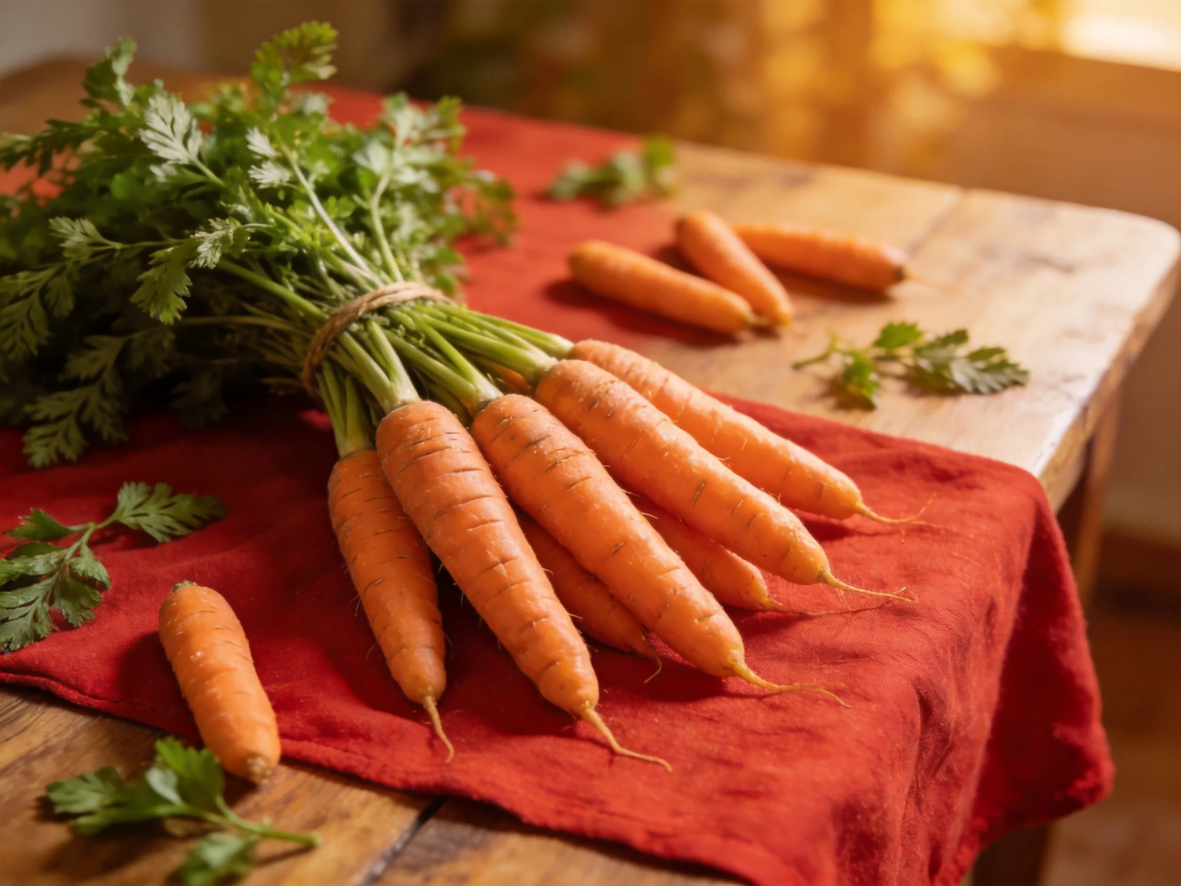 Freshly harvested carrots with green tops on red cloth over wooden table