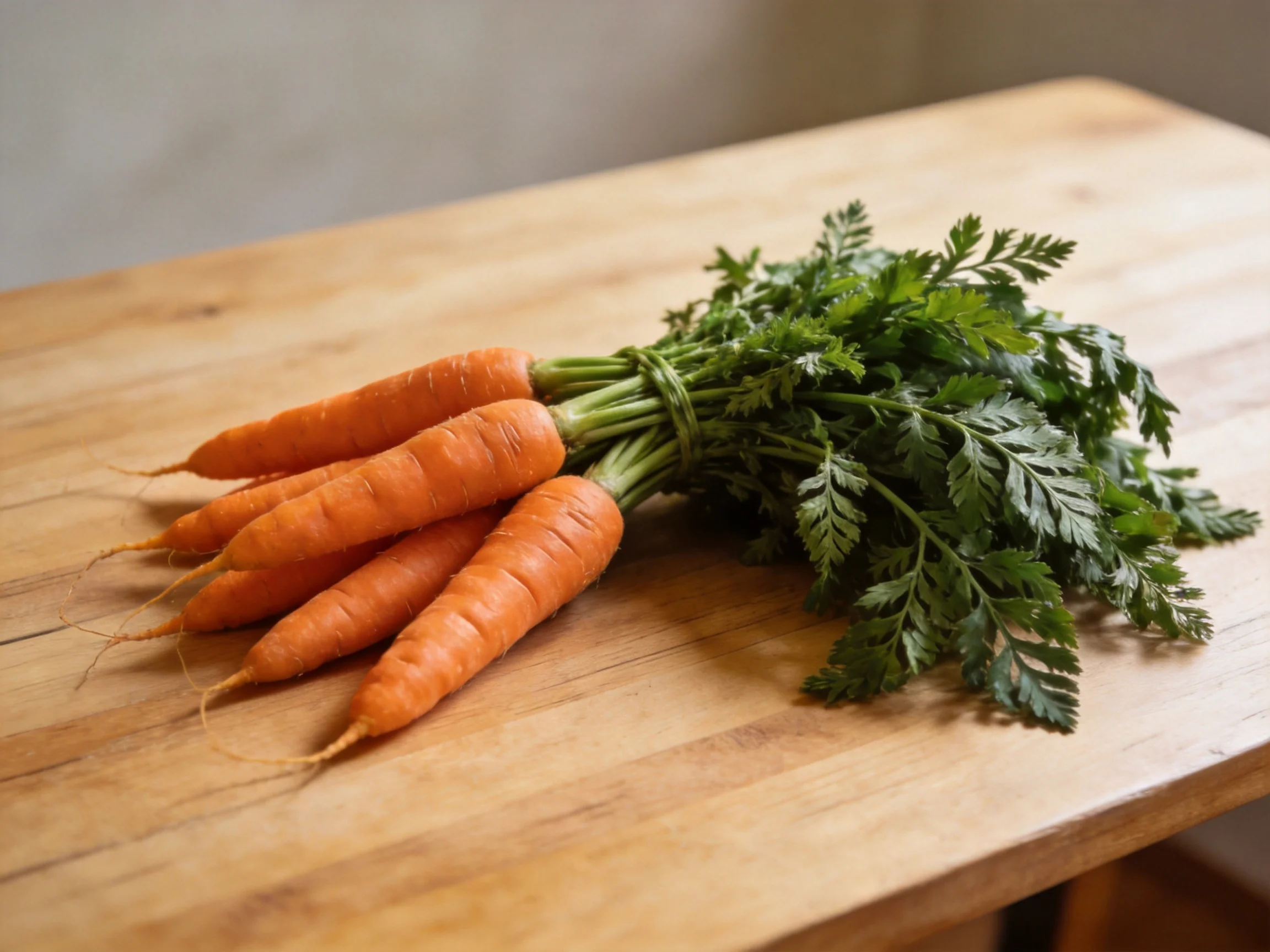 Freshly harvested carrots with lush green tops on a wooden cutting board