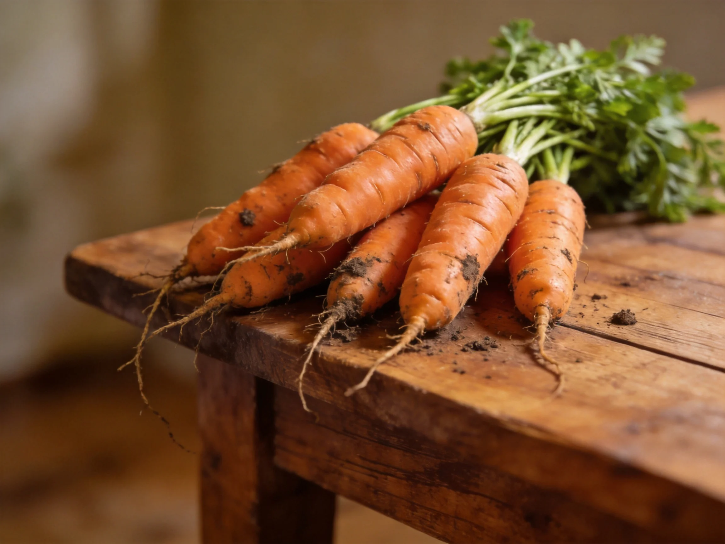 Freshly harvested carrots with soil residue on a rustic wooden table