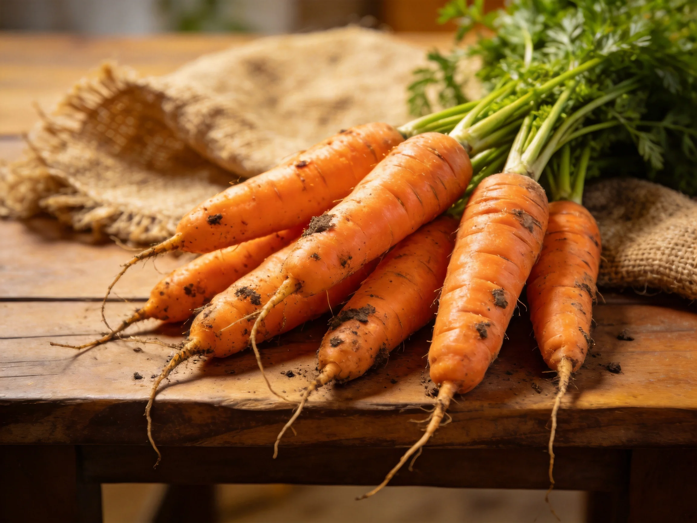 Freshly harvested carrots with soil residue on a rustic wooden table