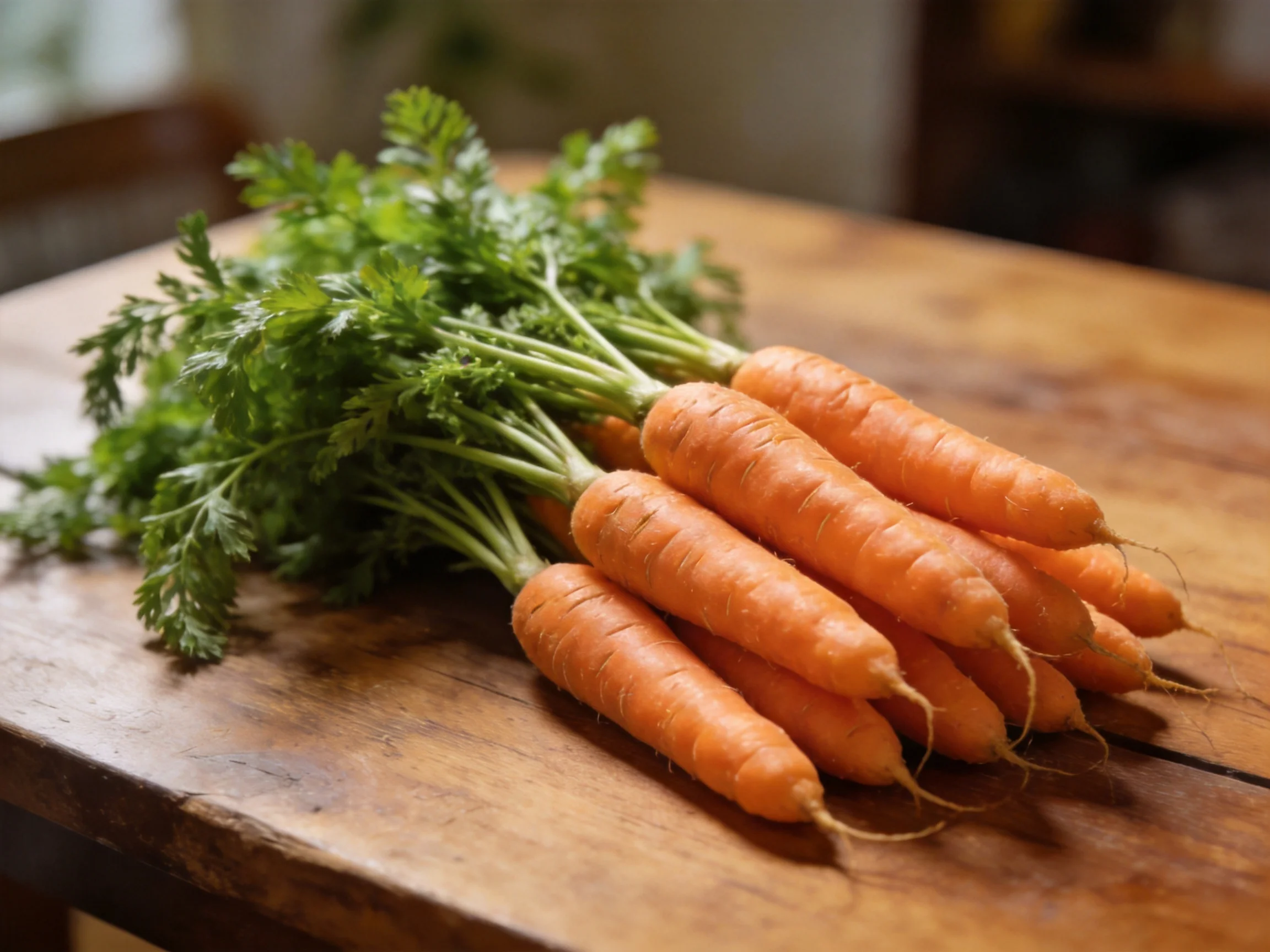 Freshly harvested carrots with vibrant green tops arranged on a rustic wooden table