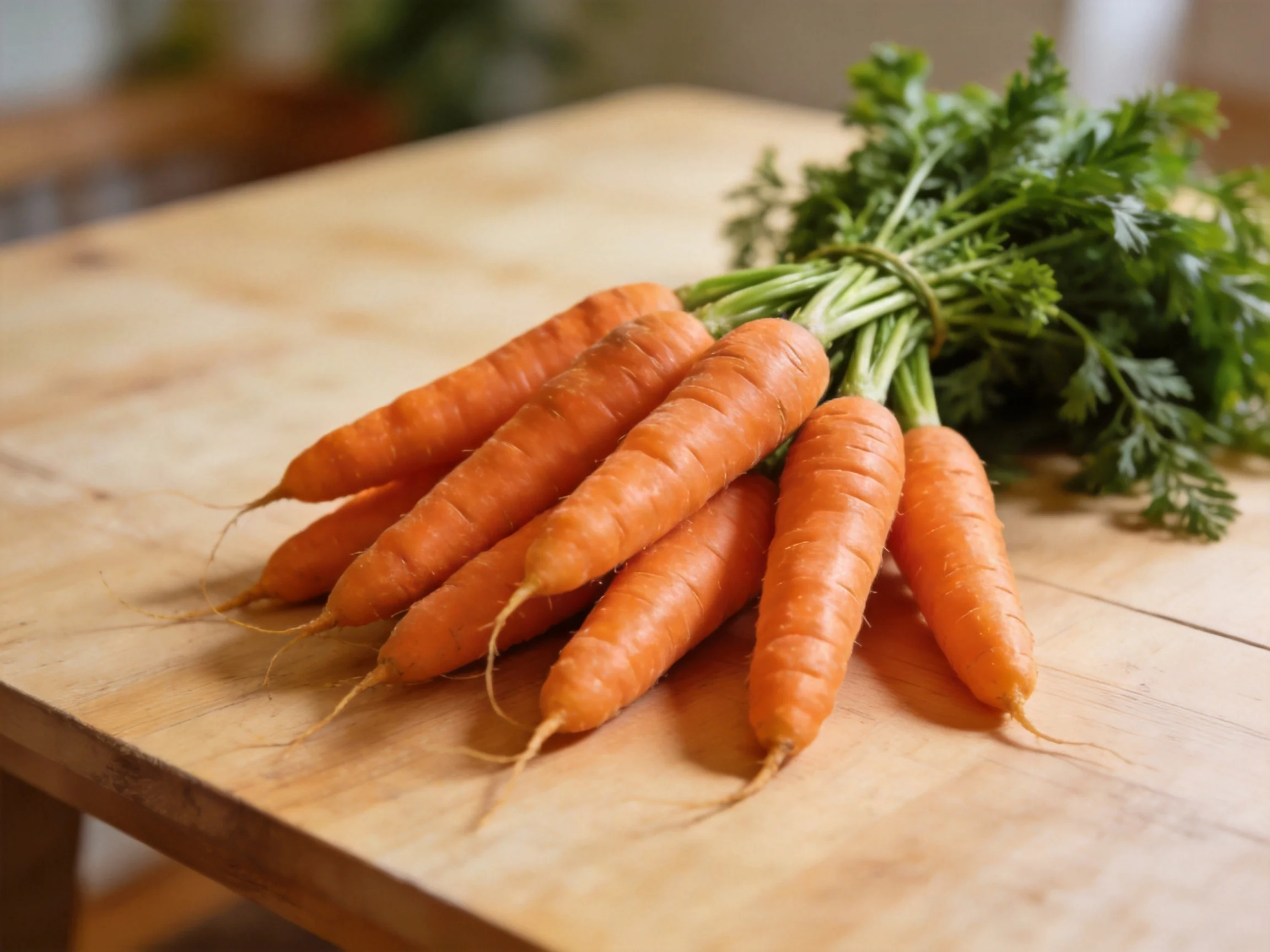 Freshly harvested carrots with vibrant green tops on a light wooden cutting board
