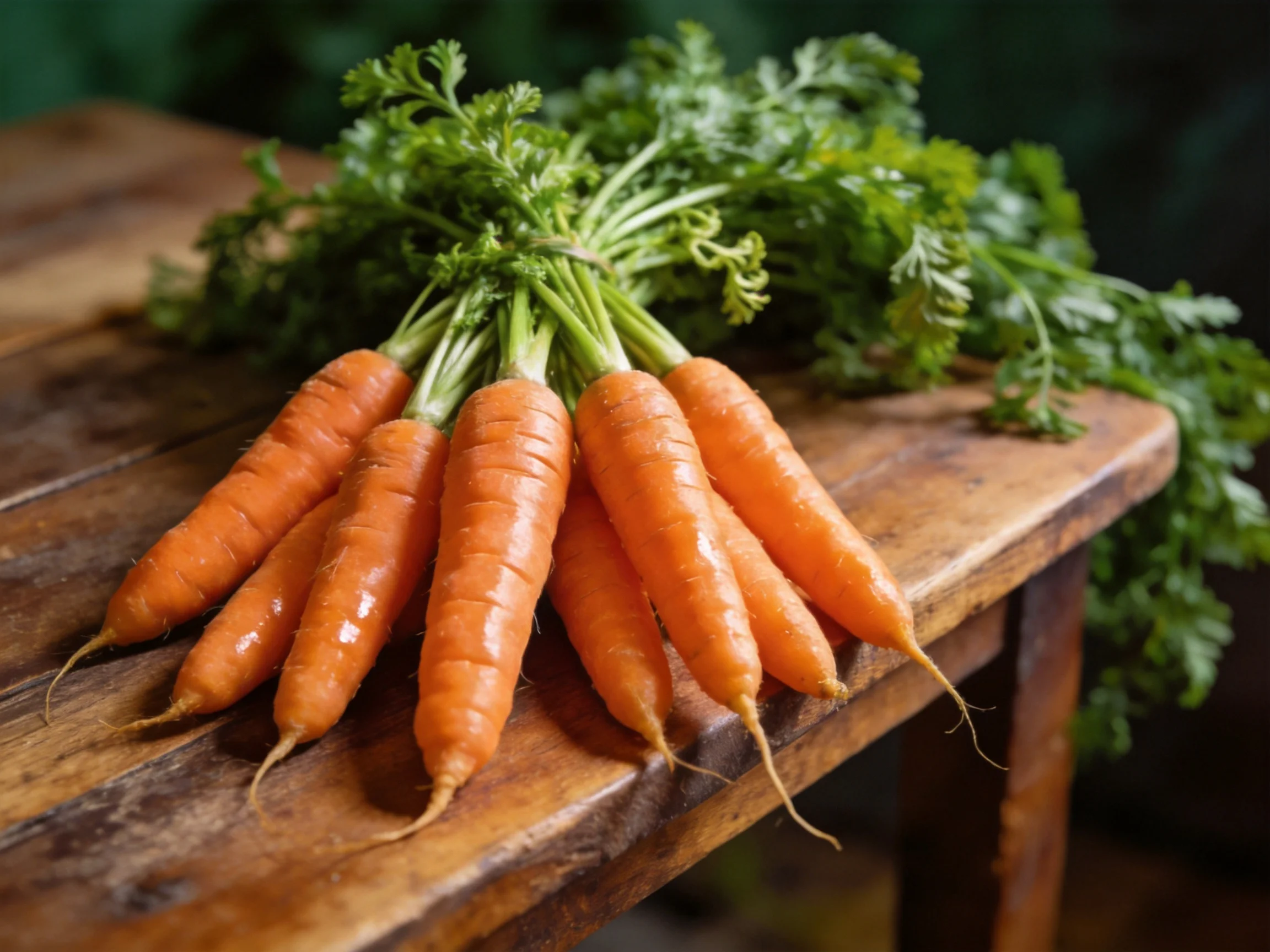 Freshly harvested carrots with vibrant green tops on a rustic wooden surface