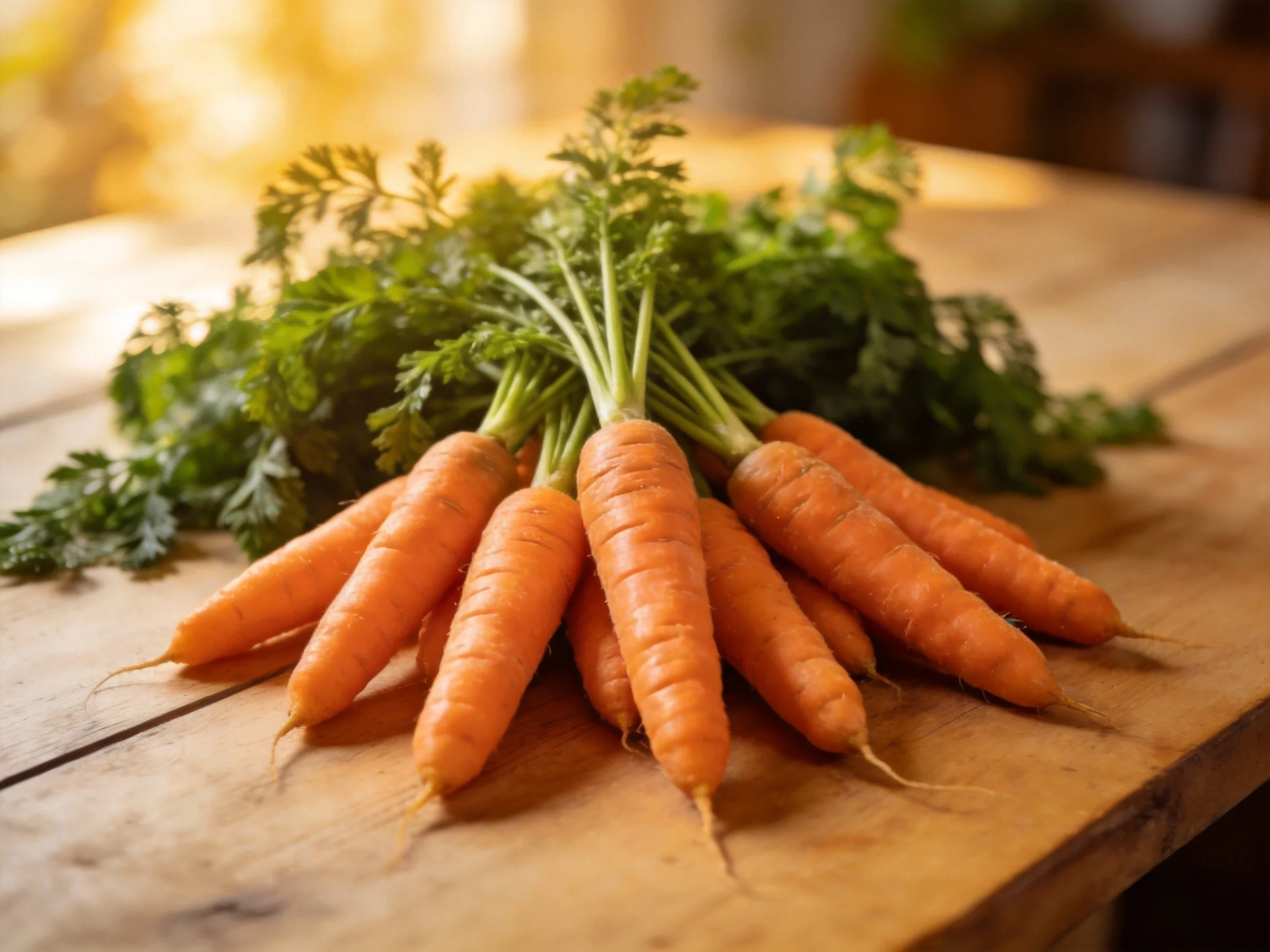 Freshly harvested carrots with vibrant green tops on a rustic wooden surface