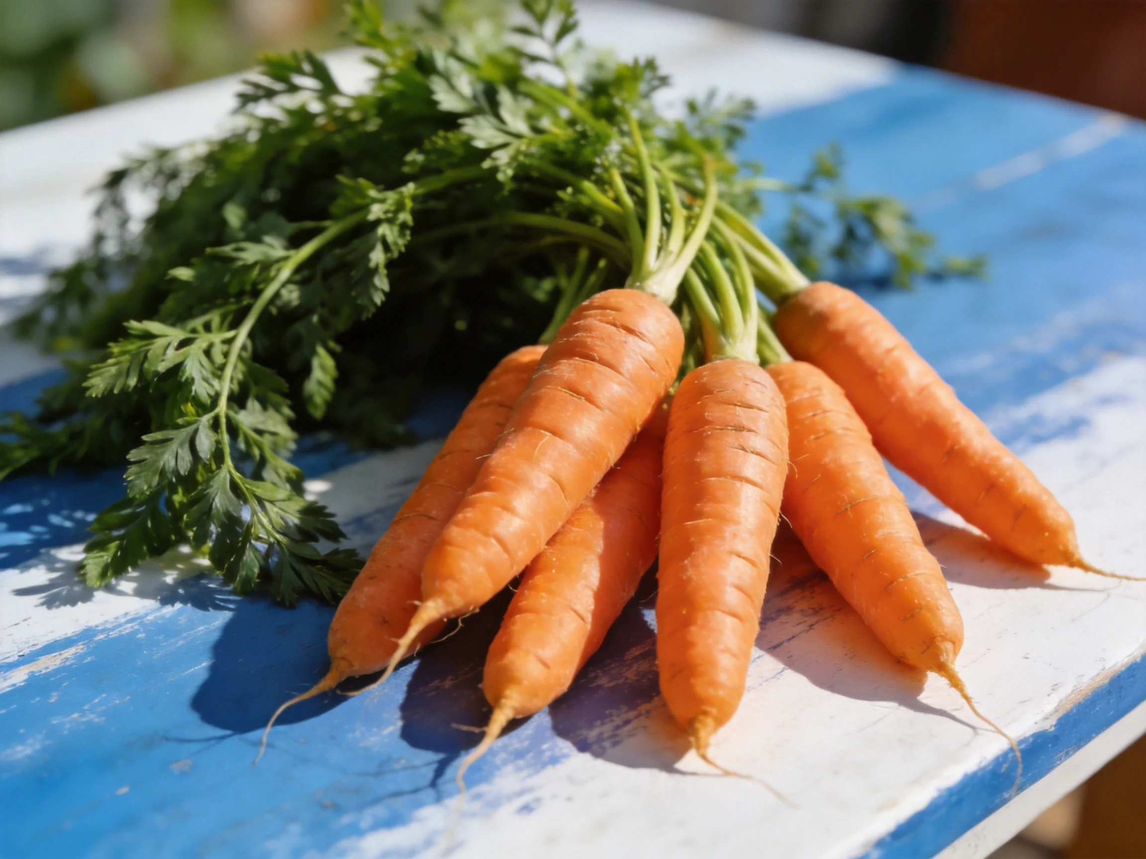 Freshly harvested carrots with vibrant green tops on a weathered blue and white table