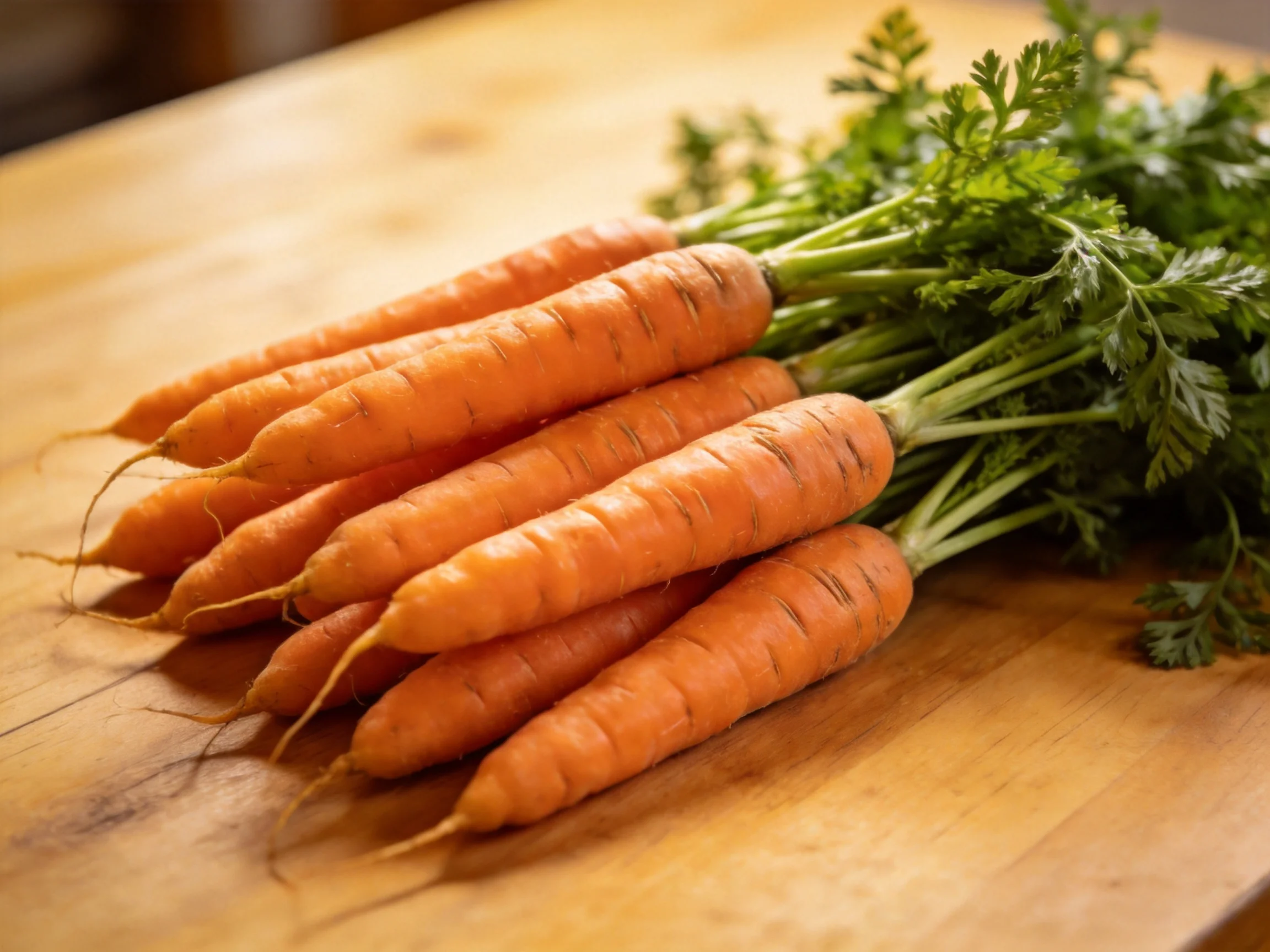 Freshly harvested carrots with vibrant green tops on a wooden cutting board