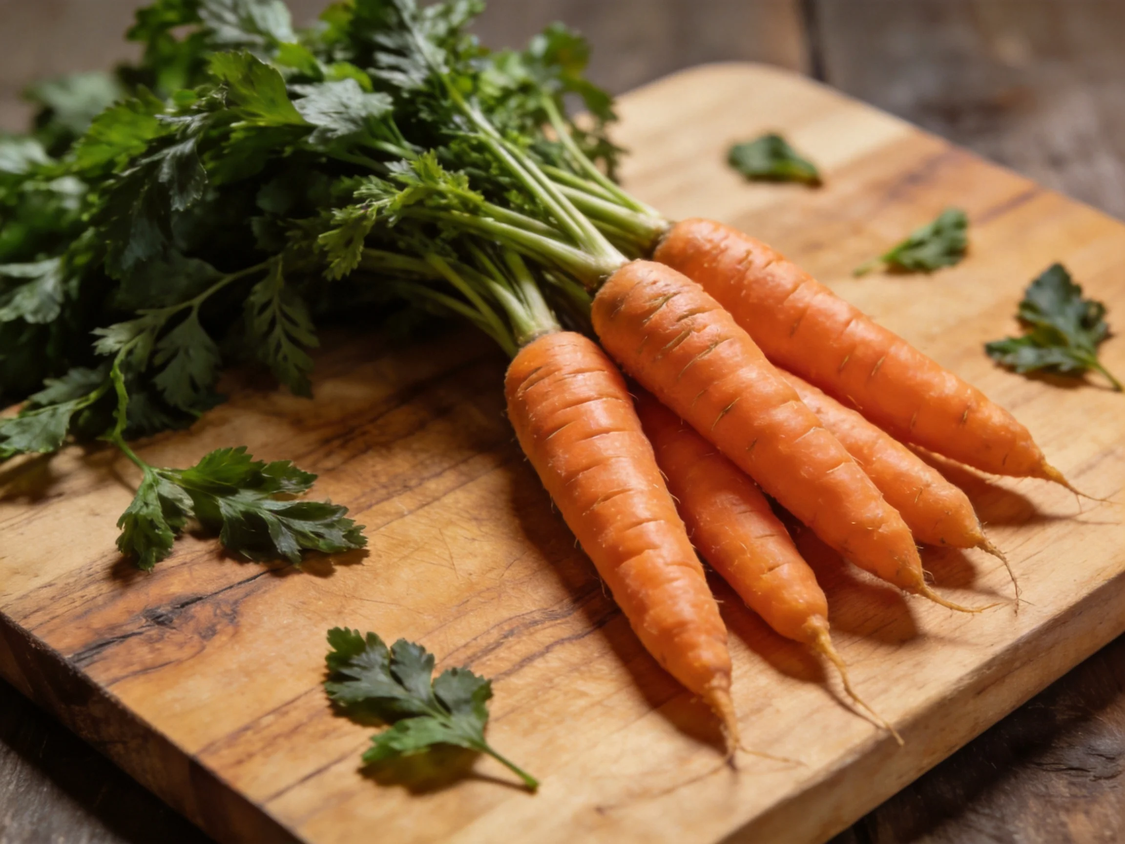 Freshly harvested carrots with vibrant green tops on a wooden cutting board