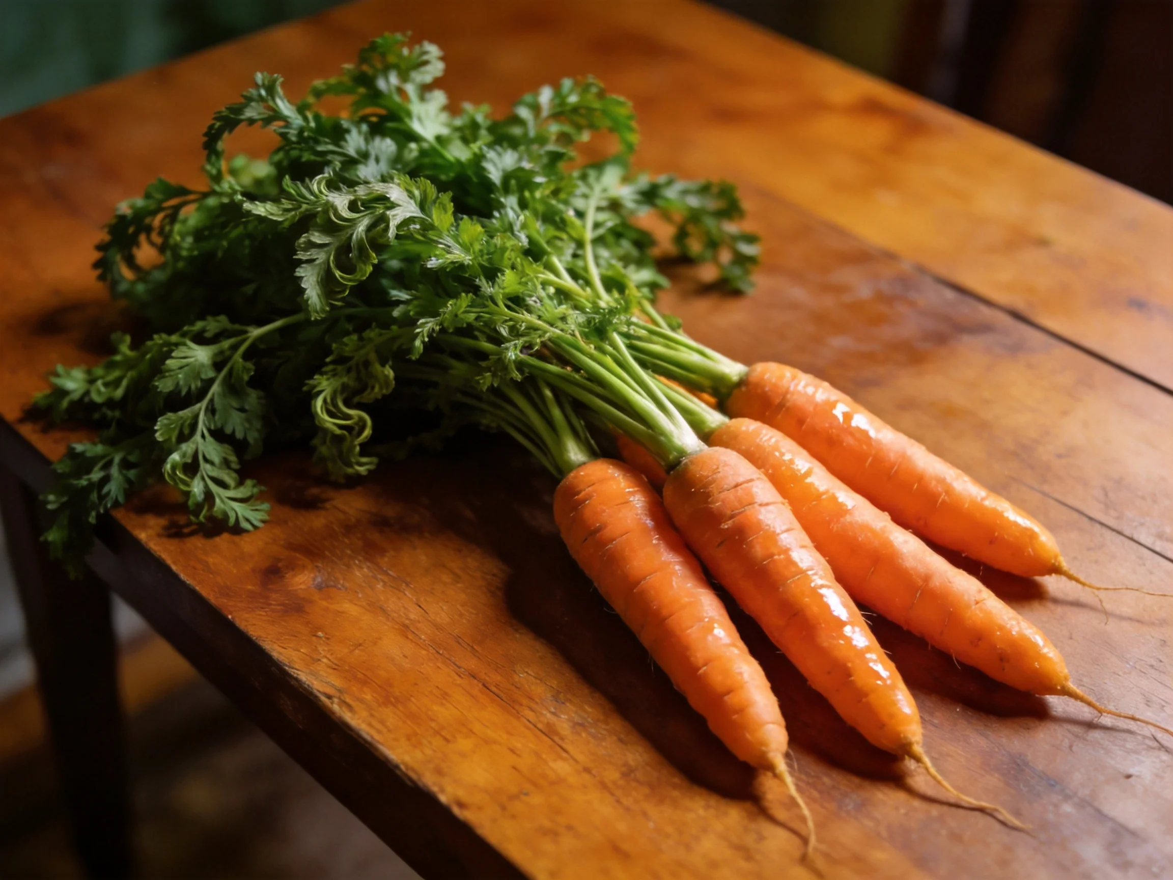 Freshly harvested carrots with vibrant green tops sit atop a weathered wooden table.