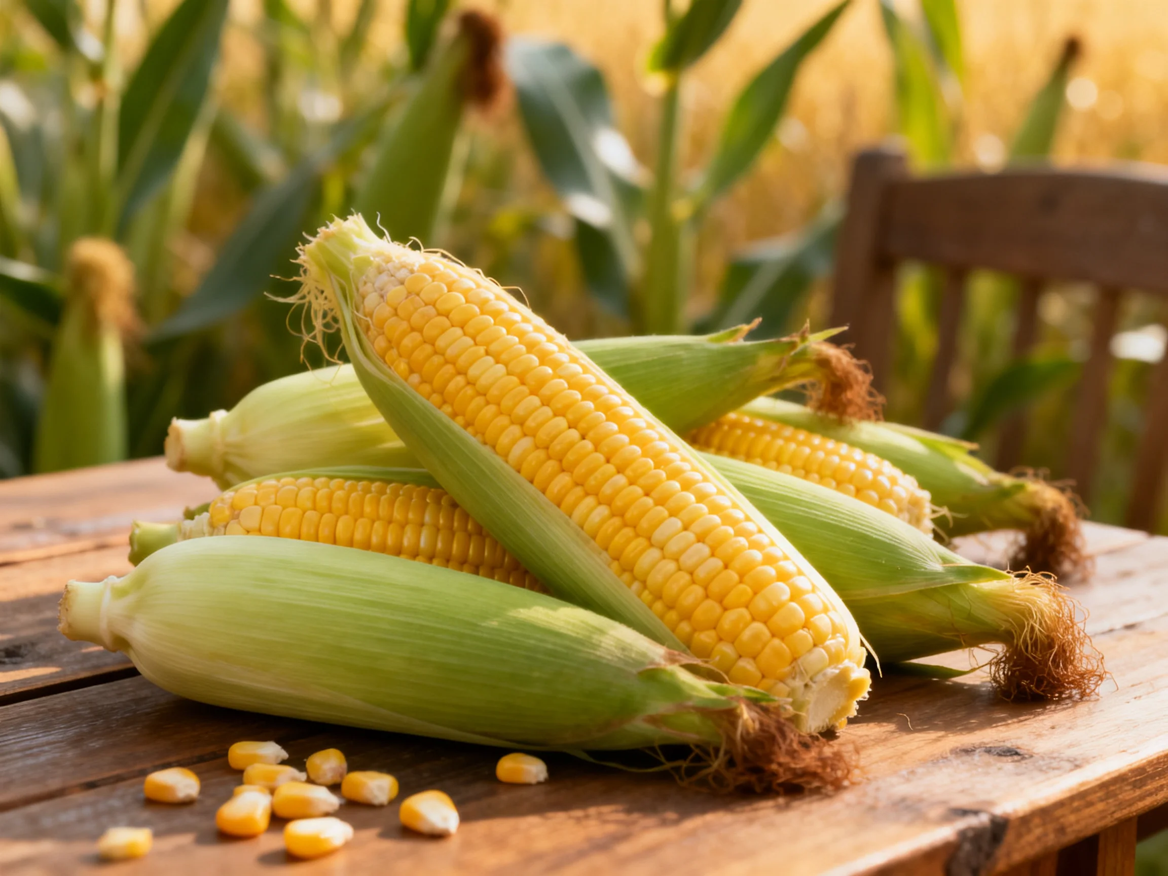Freshly harvested corn cobs stacked on a rustic wooden table near a cornfield